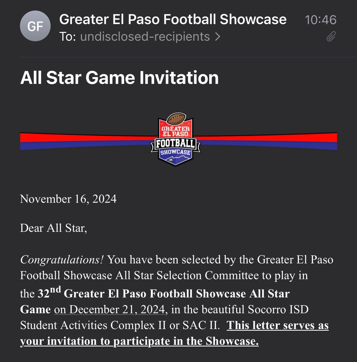 Thank you <a href="/Prep1USA/">PREP1</a> and <a href="/915Showcase/">Greater EP Football Showcase</a> for the opportunity to showcase for my city