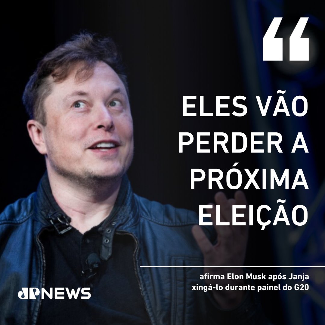 JovemPanNews's tweet image. Janja e Elon Musk discutiram virtualmente neste sábado (16). Uma buzina de navio interrompeu a crítica da primeira-dama às fake news durante o painel do G20 Social e então, antes de xingá-lo, ela brincou: "deve ser o Elon Musk". O empresário compartilhou o vídeo em seu perfil no…