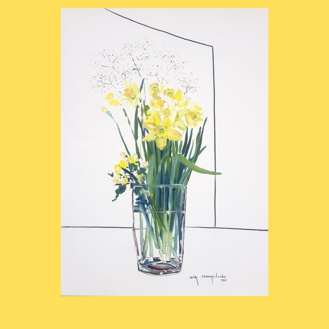 zoiaskoropadenk's tweet photo. Daffodils  
Oil and charcoal on canvas  
circa 2018  
45.6"x35"in (116x89cm)  
For inquiries: cc@themeloy.art  
#zoiaskoropadenko
#Art #Daffodils #Spring #Minimalism #StillLife 🎨🌼 https://t.co/lzjB7KOLuV