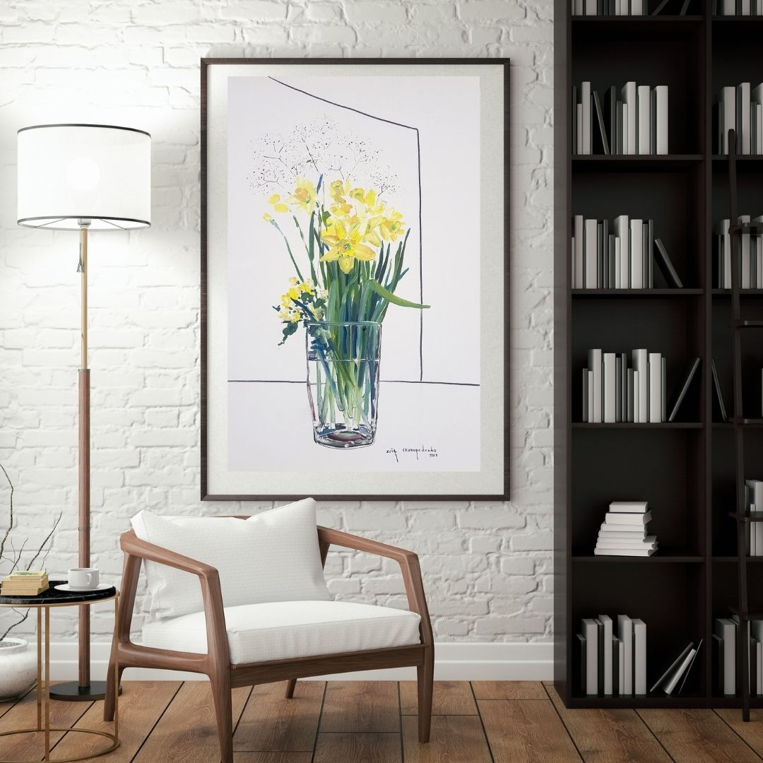 zoiaskoropadenk's tweet photo. Daffodils  
Oil and charcoal on canvas  
circa 2018  
45.6"x35"in (116x89cm)  
For inquiries: cc@themeloy.art  
#zoiaskoropadenko
#Art #Daffodils #Spring #Minimalism #StillLife 🎨🌼 https://t.co/lzjB7KOLuV