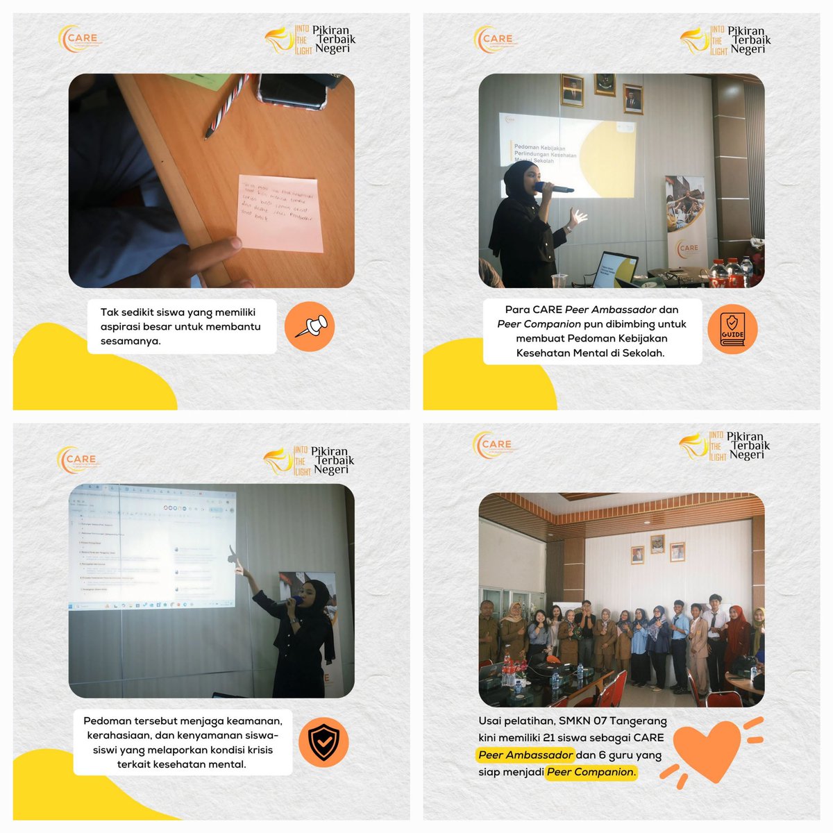 SMKN 7 Tangerang jadi sekolah ke-2 dalam CARE. Ada 21 Peer Ambassador dan 6 guru Peer Companion dari program ini. Mereka juga menyusun Panduan Kebijakan Kesehatan Mental untuk pendidikan kejuruan. Akses informasi lengkapnya di s.id/programcare202.

#CARETogether #ITLforCARE
