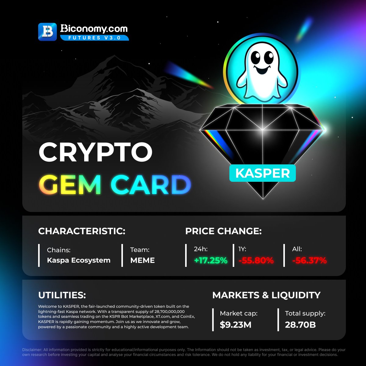 Crypto Gem Card from #BiconomyExchange 💎🌈 $KASPER > @KasperCoin is a  cryptocurrency that attracts attention with its unique technology and  powerful network. ⚡️ With a focus on security, speed and decentralization,  #KASPER