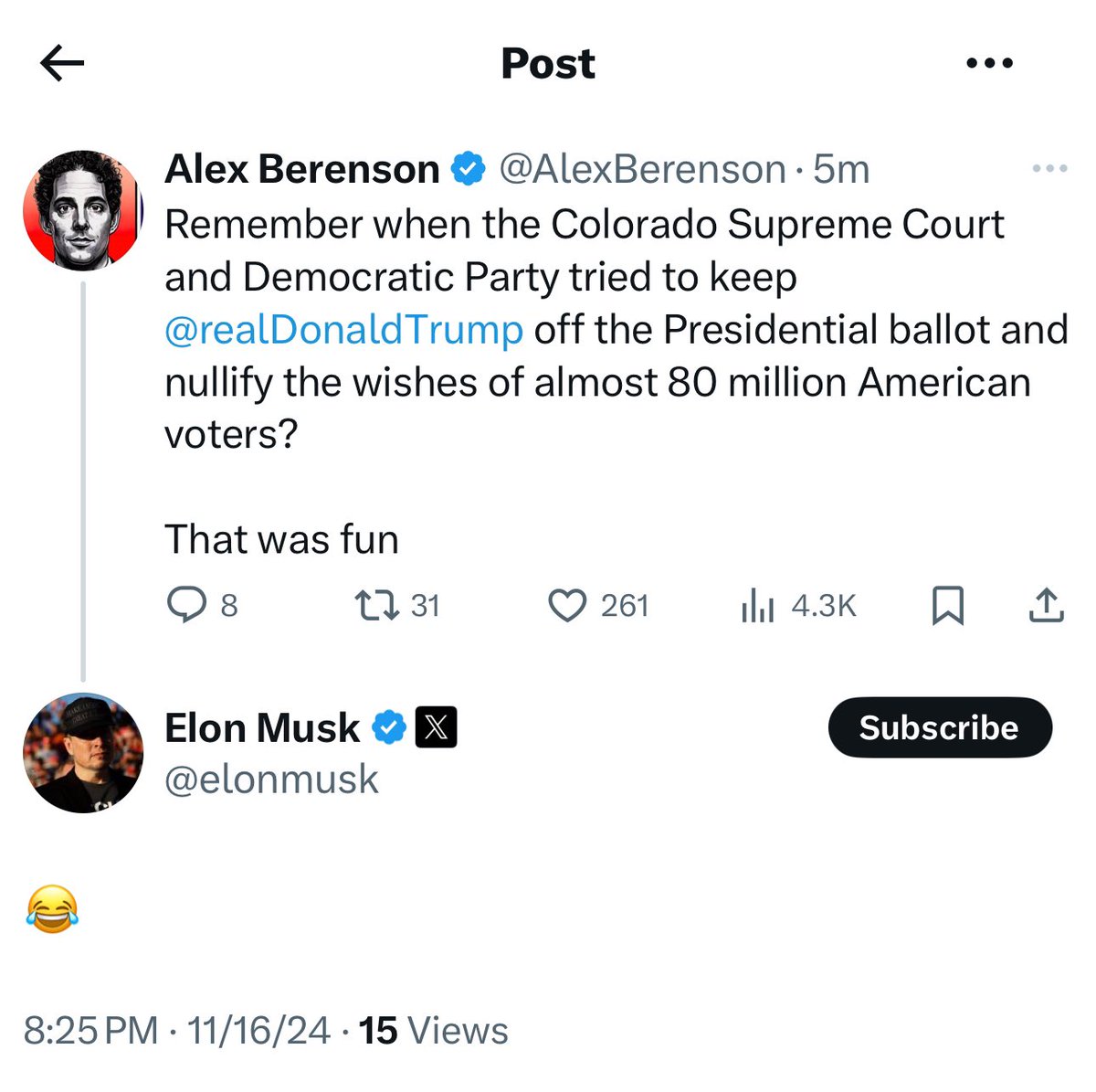 AlexBerenson's tweet photo. Imma just say it: CAN I GET A REPOST INSTEAD OF A SMILEY FACE @elonmusk

I’ve been sweating blood over here on Berenson v Biden (thanks to your help), is a repost too much to ask lol

Keep on kicking ass https://t.co/J5XnoPDsEk