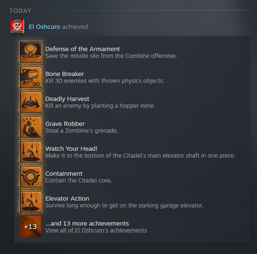 DaveOshry's tweet photo. HEY!

If a bunch of your Half-Life 2 achievements are missing you need to go launch the old standalone Episode 1 and 2 apps at least once, load a save then go back to the new Half-Life 2 app and open Episode 1/2 and they'll pop

Almost had a heart attack thinking I lost my Gnome. https://t.co/OMz7teNnKq