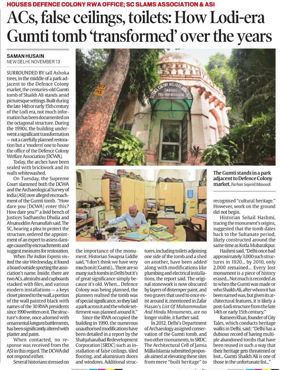BhavreenMK's tweet photo. SC slams Defence Colony Welfare Assn #DCWA for illegally occupying Lodi-era Gumti Tomb;
Built as Shaikh Ali's resting place, the tomb was misused as an office since the '60s. Now, #ASI will assess damages & begin restoration.
https://t.co/KoMEPpBp2N https://t.co/vYCuo4U6LG