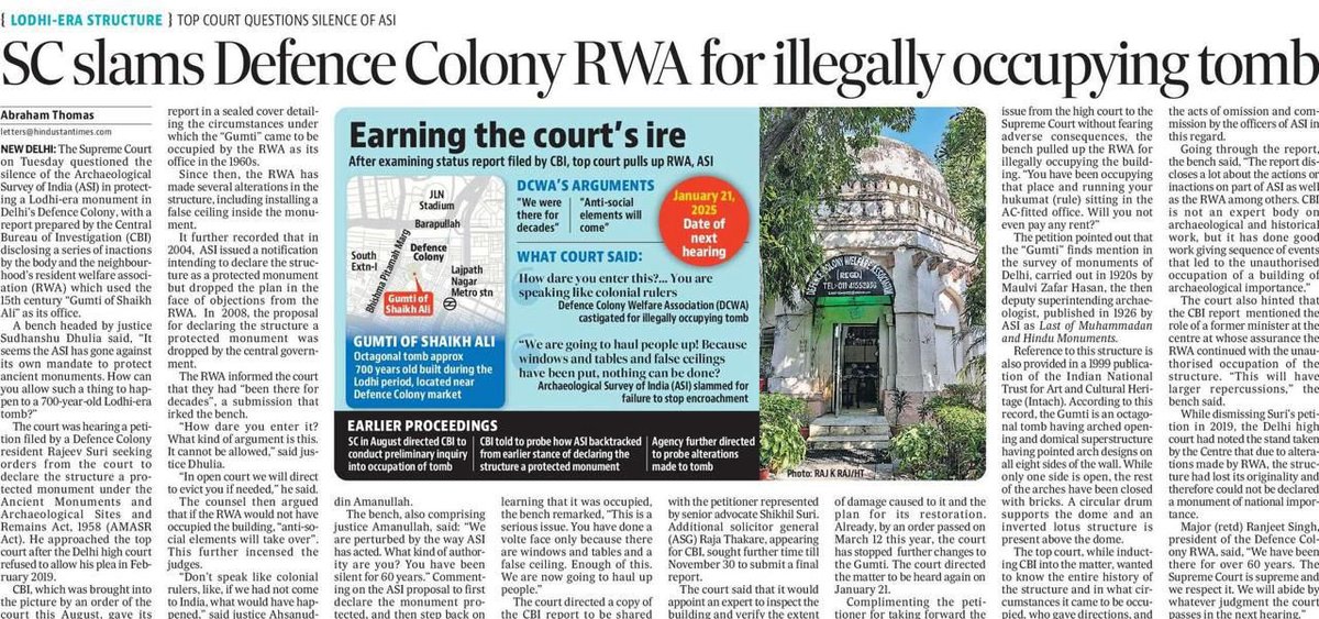 BhavreenMK's tweet photo. SC slams Defence Colony Welfare Assn #DCWA for illegally occupying Lodi-era Gumti Tomb;
Built as Shaikh Ali's resting place, the tomb was misused as an office since the '60s. Now, #ASI will assess damages & begin restoration.
https://t.co/KoMEPpBp2N https://t.co/vYCuo4U6LG