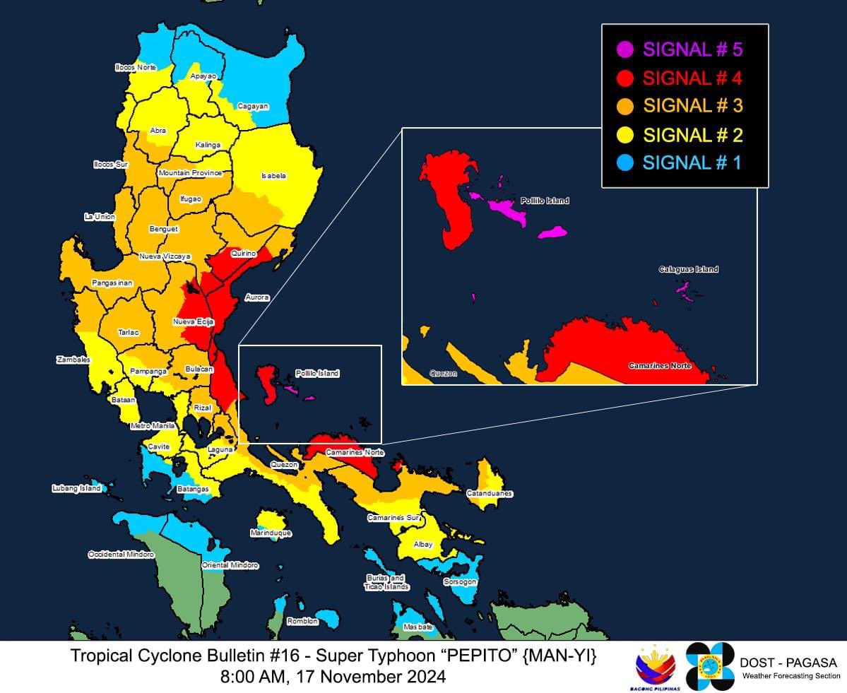 News5PH's tweet photo. Nakataas ang Tropical Cyclone Wind Signals #TCWS sa mga sumusunod na lugar sa Luzon dahil sa Super Typhoon #PepitoPH, base sa 8 a.m. tropical cyclone bulletin ng DOST-PAGASA ngayong Linggo, Nov. 17. #News5
FULL LIST: https://t.co/cnY8CkmyuD https://t.co/wHSvbm1Uvm