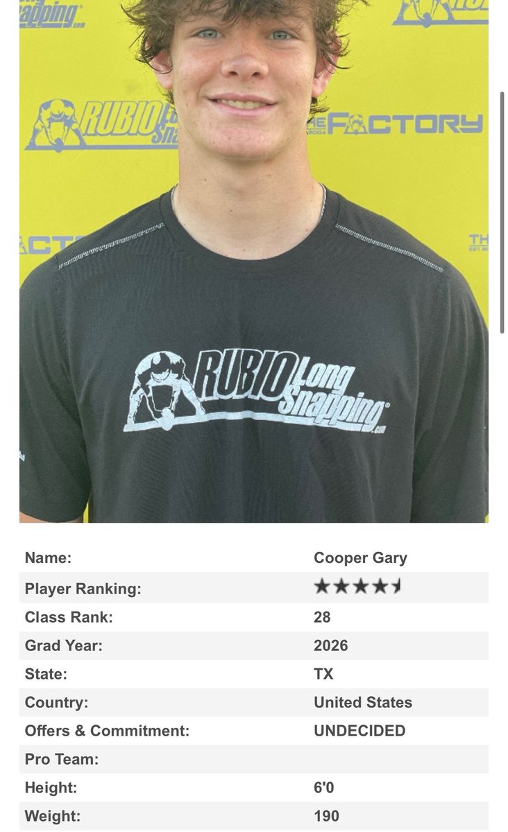 Had a ton of fun at the <a href="/TheChrisRubio/">Rubio Long Snapping®</a> camp, I am very exited to be ranked the #28 long snapper in the country 

<a href="/LakeCreekFBall/">Lake Creek Lions Football</a> <a href="/CoachWDavidson/">Coach Davidson</a> <a href="/coach_bourquin/">Coach Bourquin</a> <a href="/Bobby_Joe_14/">Bobby Joe</a>