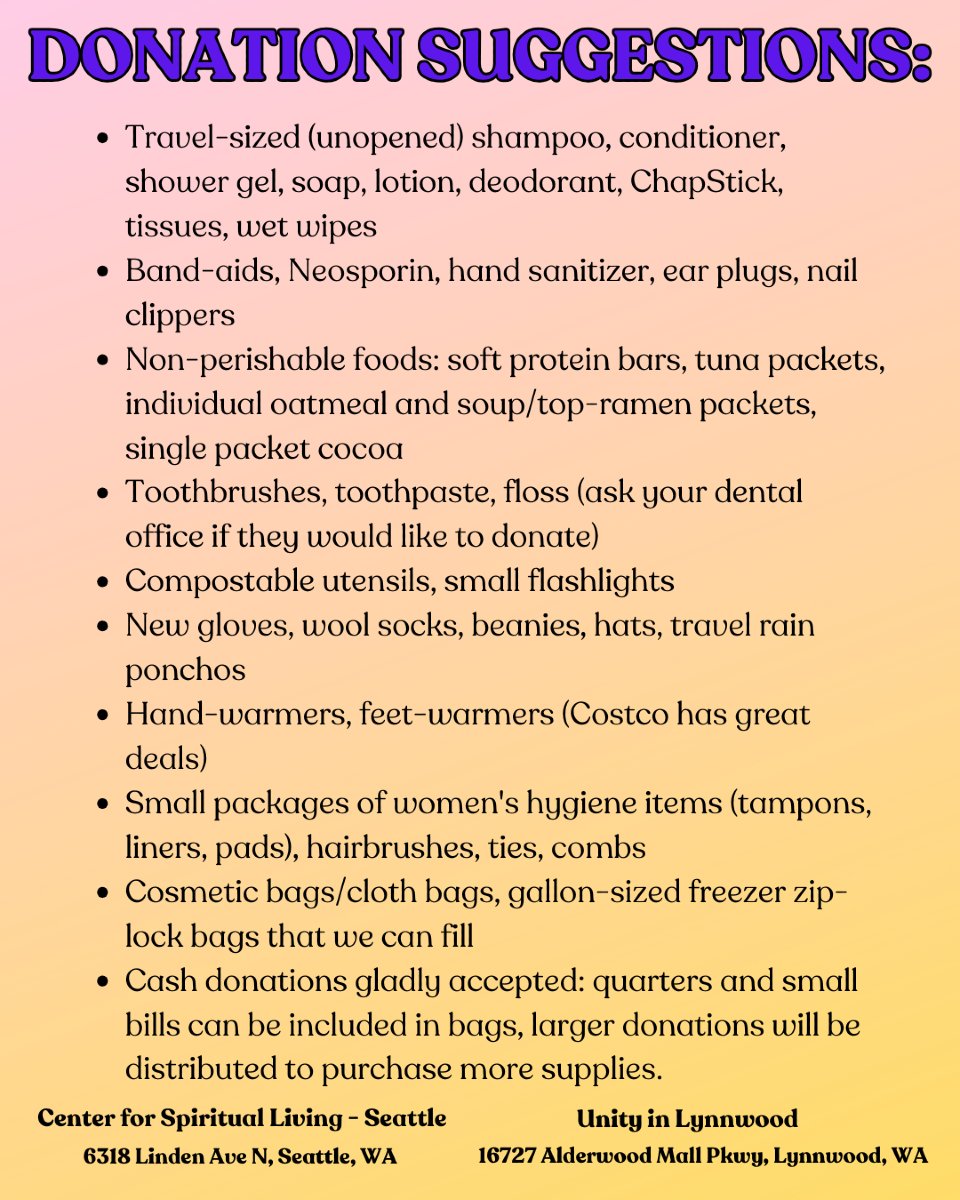 Don't forget your items tomorrow!  We will have bins ready for you in Friendship Hall. 💖

 #UnityinLynnwood #CSLSeattle #SpreadLove  #BlessingBags