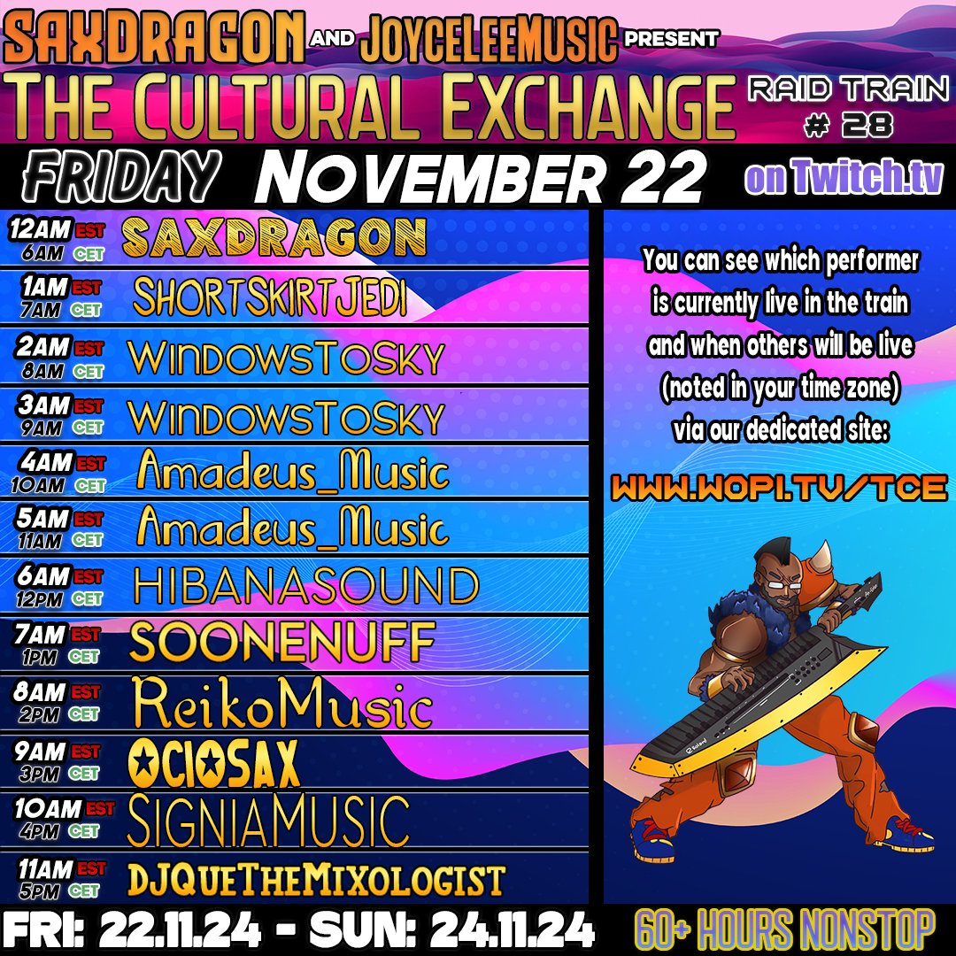 ReikoVocalist's tweet photo. 🌟 来週の #Twitch ReikoMusicは #音楽イベント が盛りだくさん！🌟

🎵 11月22日（金）&amp;11月23日（土）：The Cultural Exchange Raid Train 28
🎵 11月24日（日）：Multi Format Musical Raid Train
初参加でワクワク！🎉
音楽で国境を越えて繋がりましょう！💖

#配信 https://t.co/QHnBZFhNZp