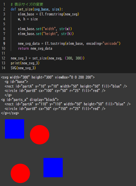 malo21st's tweet image. 画像データのSVGですが中身はXMLなので、Pythonの標準モジュールxmlで属性などを操作すれば、部品化したSVGの追加や表示・非表示，サイズ変更ができると思いやってみたらできました。

SVGは、Webとの相性もいいので、いろいろできそうです。
#Python #SVG