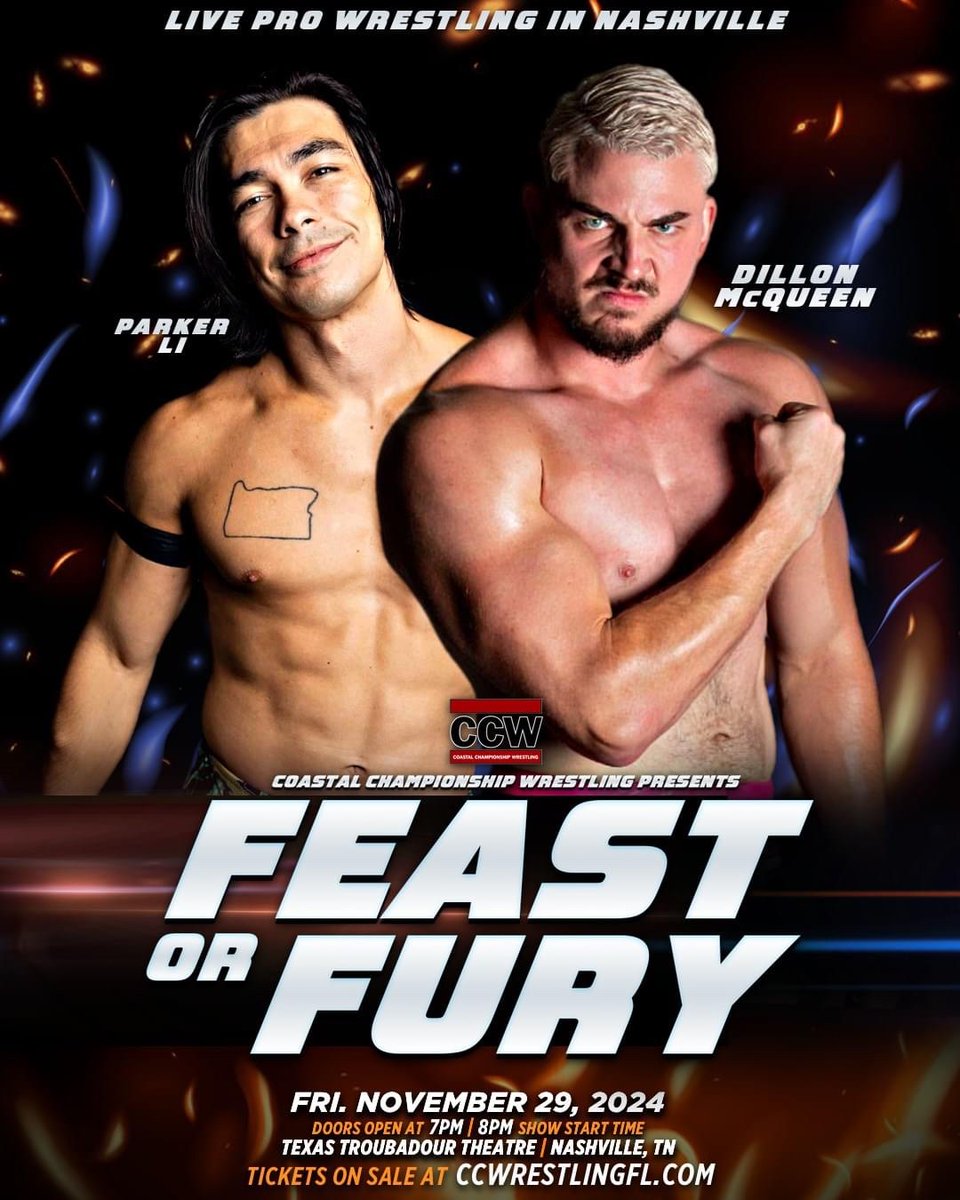 Coastal Championship Wrestling (@ccwalivetv) on Twitter photo Don’t miss FEAST OR FURY! 🔥
- TN Title: <a href="/ItsChaChaTime/">Cha Cha Charlie</a> (c) vs. <a href="/RealTobyFarley/">Toby Farley</a>
- <a href="/jrodprowrestle/">J-Rod The Ultimate Athlete</a> vs. <a href="/ArieAlexanderAA/">Arie Alexander</a>
- <a href="/TheColbyCarter/">C o l b y C a r t e r</a> vs. Remolacha
- <a href="/ProParkerLi/">Parker Li</a> vs. <a href="/DillonMcQueen/">Its Zaddy Dillon McQueen</a>
+ more!
🗓 11/29 | 8pm
📍 Nashville, TN
Get your tickets now:
🎟 coastalchampionshipwrestlingfl.com/events-1/feast… Don’t miss FEAST OR FURY! 🔥
- TN Title: <a href="/ItsChaChaTime/">Cha Cha Charlie</a> (c) vs. <a href="/RealTobyFarley/">Toby Farley</a>
- <a href="/jrodprowrestle/">J-Rod The Ultimate Athlete</a> vs. <a href="/ArieAlexanderAA/">Arie Alexander</a>
- <a href="/TheColbyCarter/">C o l b y C a r t e r</a> vs. Remolacha
- <a href="/ProParkerLi/">Parker Li</a> vs. <a href="/DillonMcQueen/">Its Zaddy Dillon McQueen</a>
+ more!
🗓 11/29 | 8pm
📍 Nashville, TN
Get your tickets now:
🎟 coastalchampionshipwrestlingfl.com/events-1/feast…