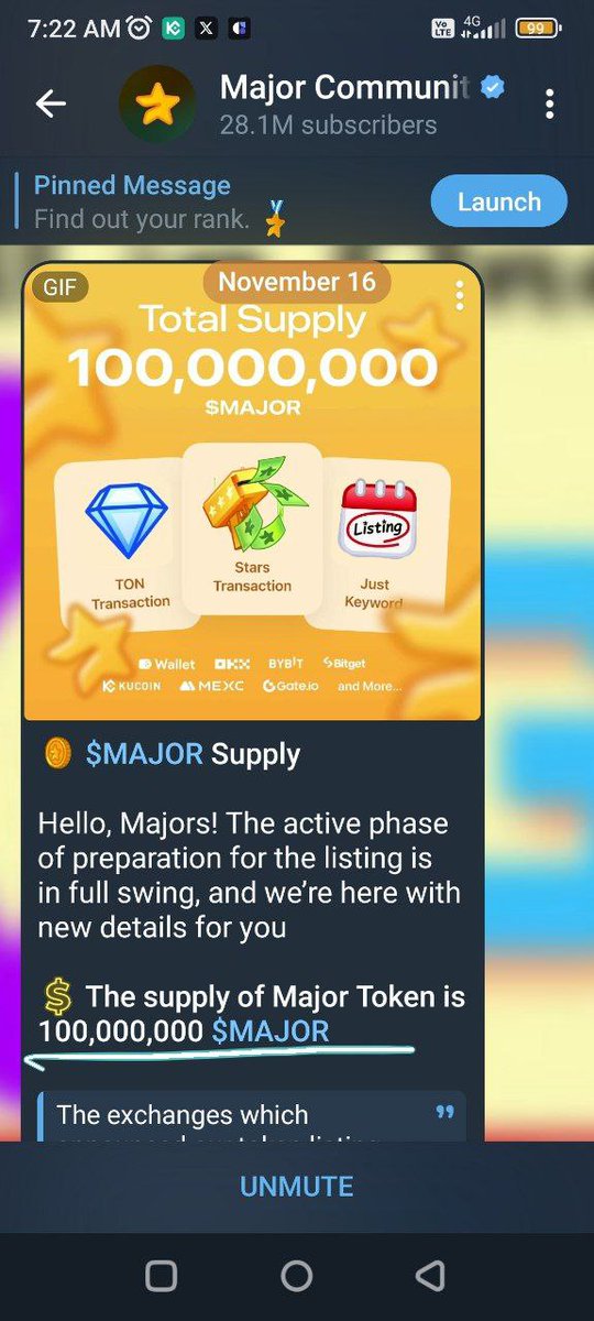 t.me/major/start?st…
❤️ Major Farming will End 20 November 🗣️
Major listing
Okx ✅
Bitget ✅
Bybit✅
Mexc✅
Kucoin✅
Supply 🗣️ 100 M 
Let's see Ratio kya hone wala.
<a href="/majoroftelegram/">Major of Telegram</a> 
<a href="/BitgetWallet/">Bitget Wallet 🩵</a>