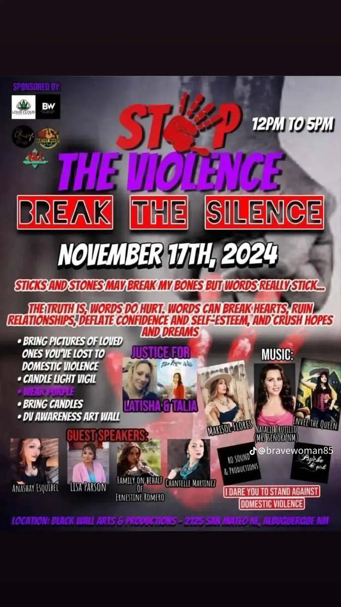 Sharing for @bravewoman85 on #tiktok
💜 #DV #Awareness #EVENT #breakthesilence  

Where: BLACK WALL ART &amp; PRODUCTIONS 
2125 San Mateo NE Albuquerque NM
11/17/24

#mmiw #mmiwawareness #domesticviolenceawareness #breakthesilence #domesticviolence #enddomesticviolence