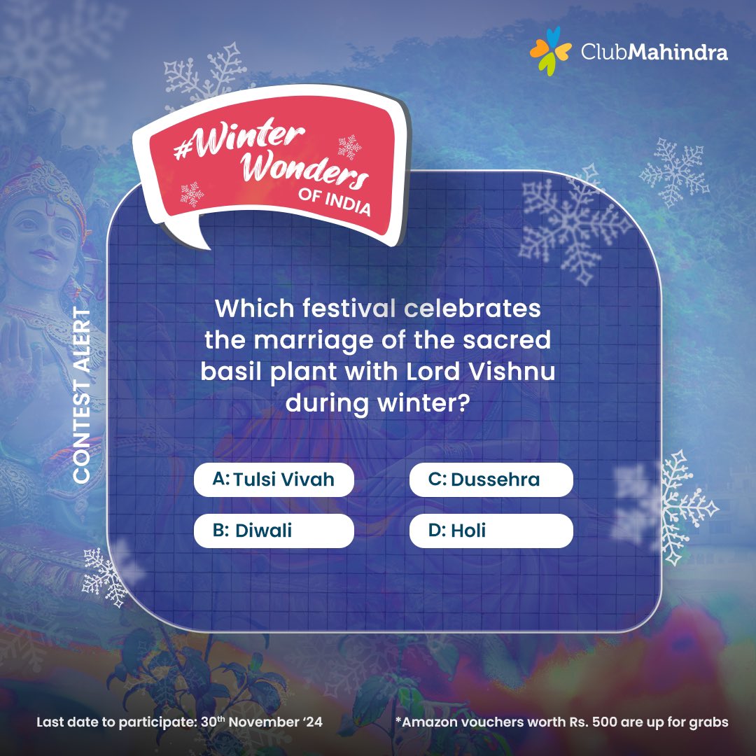 Contest_In (@contest_in) on Twitter photo #ContestAlert Win Amazon vouchers worth Rs. 500 each!
Head to <a href="/clubmahindra/">Club Mahindra</a> !
#WinterWondersOfIndia #ContestAlert Win Amazon vouchers worth Rs. 500 each!
Head to <a href="/clubmahindra/">Club Mahindra</a> !
#WinterWondersOfIndia