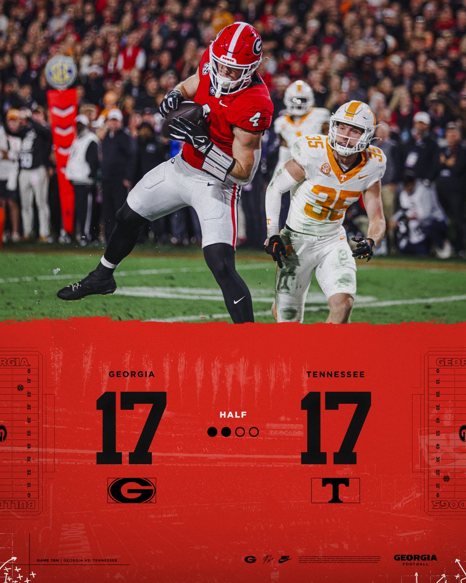 GeorgiaFootball's tweet photo. We are even at the break. 

#GoDawgs https://t.co/5SYDOIErBf