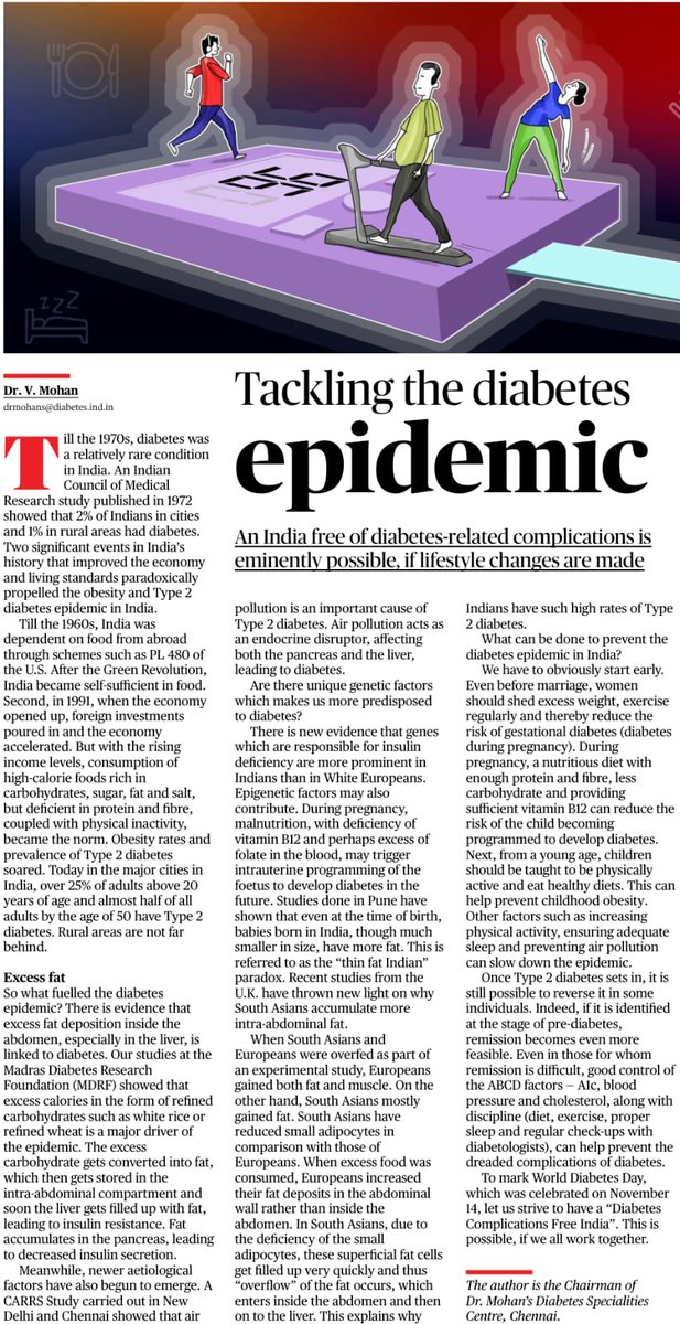 drmohanv's tweet image. My article in "The Hindu" today explains why Indians (South Asians) are more prone to type 2 diabetes and how we can tackle the epidemic.

@narendramodi @PMOIndia @AmitShah @MoHFW_INDIA @JPNadda @DrJitendraSingh @mansukhmandviya @the_hindu @ICMRDELHI @ncdirindia @Rssdi_official…