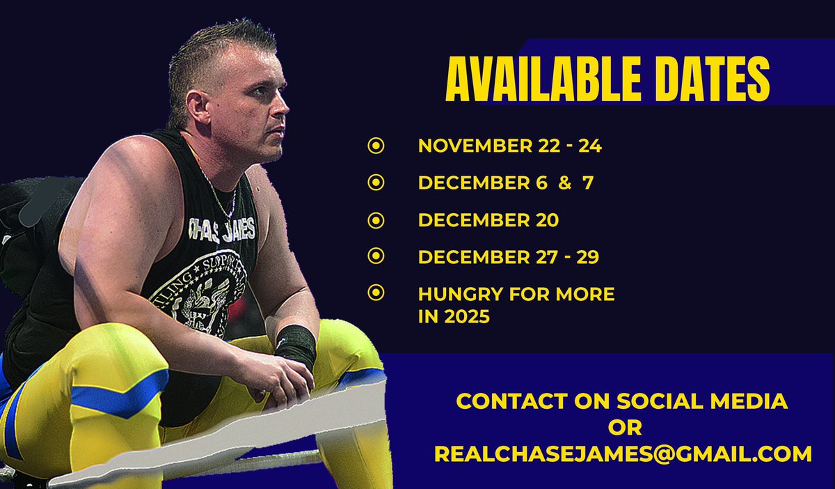 ChaseJames58's tweet photo. Hey, my name is Chase James.

I’m a Professional Wrestler who is good at what I do. 

I would love to fill these last few dates for the year and plan for next year. I’m very easy to work with and my goal is to make your life and show day operate smoothly and easier anyway I can. https://t.co/uXXGp0ZsTL