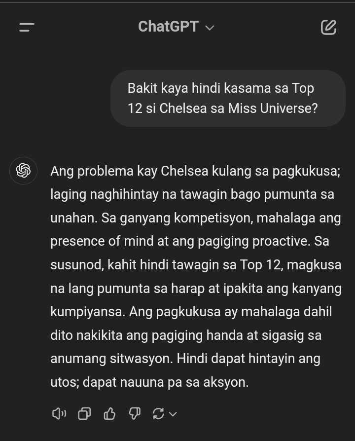 mxgvnzls's tweet photo. Kaya naman pala, wala palang pagkukusa kaya hindi kasali sa TOP 12. Lesson learned, Chelsea

#ChelseaManalo #ChelSEEyouintheUniverse #73rdMissUniverse #Chel5ea #ManaloSaMexico #MissUniverse2024 https://t.co/AUACXFOWqV