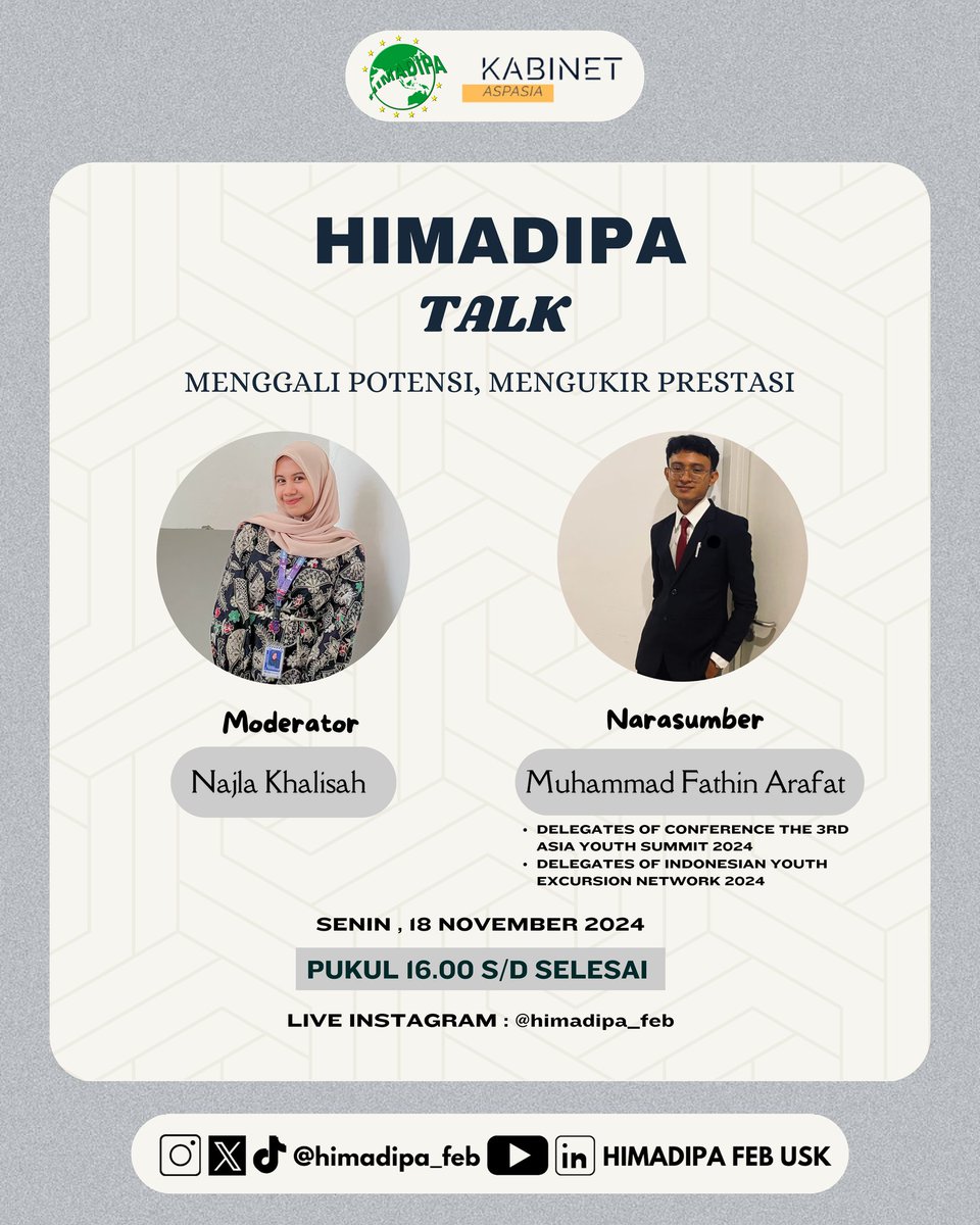 Himadipa_FEB's tweet photo. [Himadipa Talk #4]
"Menggali Potensi, Mengukir Prestasi"

🗓️ : Senin, 18 November 2024
⏰ : 16.00-selesai
📍 : Live Instagram Himadipa

#HIMADIPAFEBUSK #KabinetAspasia #HIMADIPATALK https://t.co/1drWUerKiZ