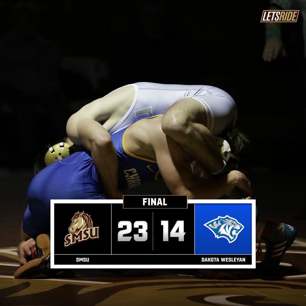 SMSU wrestling picks up the 23-14 win over NAIA foe (RV) Dakota Wesleyan (S.D.) to move to 2-0 on the season!

The Mustangs record six wins with a pair coming via tech fall.

#LetsRide
