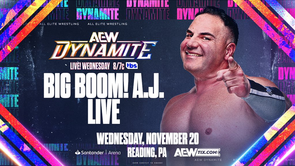 All Elite Wrestling (@aew) on Twitter photo #AEWDynamite this WEDNESDAY, 11/20
Reading, PA
LIVE at 8pm ET/7pm CT on <a href="/TBSNetwork/">TBS Network</a>
BIG BOOM A.J <a href="/ajbefumo/">A.J. & Big Justice</a> is bringing the BOOM to Dynamite in Reading, PA this Wednesday ๐ฅ #AEWDynamite this WEDNESDAY, 11/20
Reading, PA
LIVE at 8pm ET/7pm CT on <a href="/TBSNetwork/">TBS Network</a>
BIG BOOM A.J <a href="/ajbefumo/">A.J. & Big Justice</a> is bringing the BOOM to Dynamite in Reading, PA this Wednesday ๐ฅ