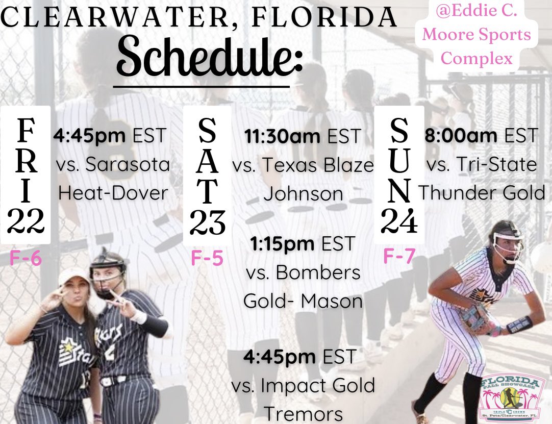 We are heading to Clearwater, Florida for the Triple Crown fall showcase from Nov 22-24! Hope to see you there! #gostars <a href="/CStarsKapelke/">18u Colorado Stars National - Kapelke</a> <a href="/OspreySB/">UNF Softball</a> <a href="/FHSU_Softball/">FHSU Softball</a> <a href="/UNC_BearsSB/">UNC Bears Softball</a> <a href="/UtahTech_SB/">Utah Tech Softball</a> <a href="/UncommittedUsa/">UncommittedPlayersUSA</a> <a href="/CoastRecruits/">Coast 2 Coast Recruits</a> <a href="/SBRRetweets/">Softball Recruiting Reposts</a> <a href="/triplecrownspts/">Triple Crown Sports</a>