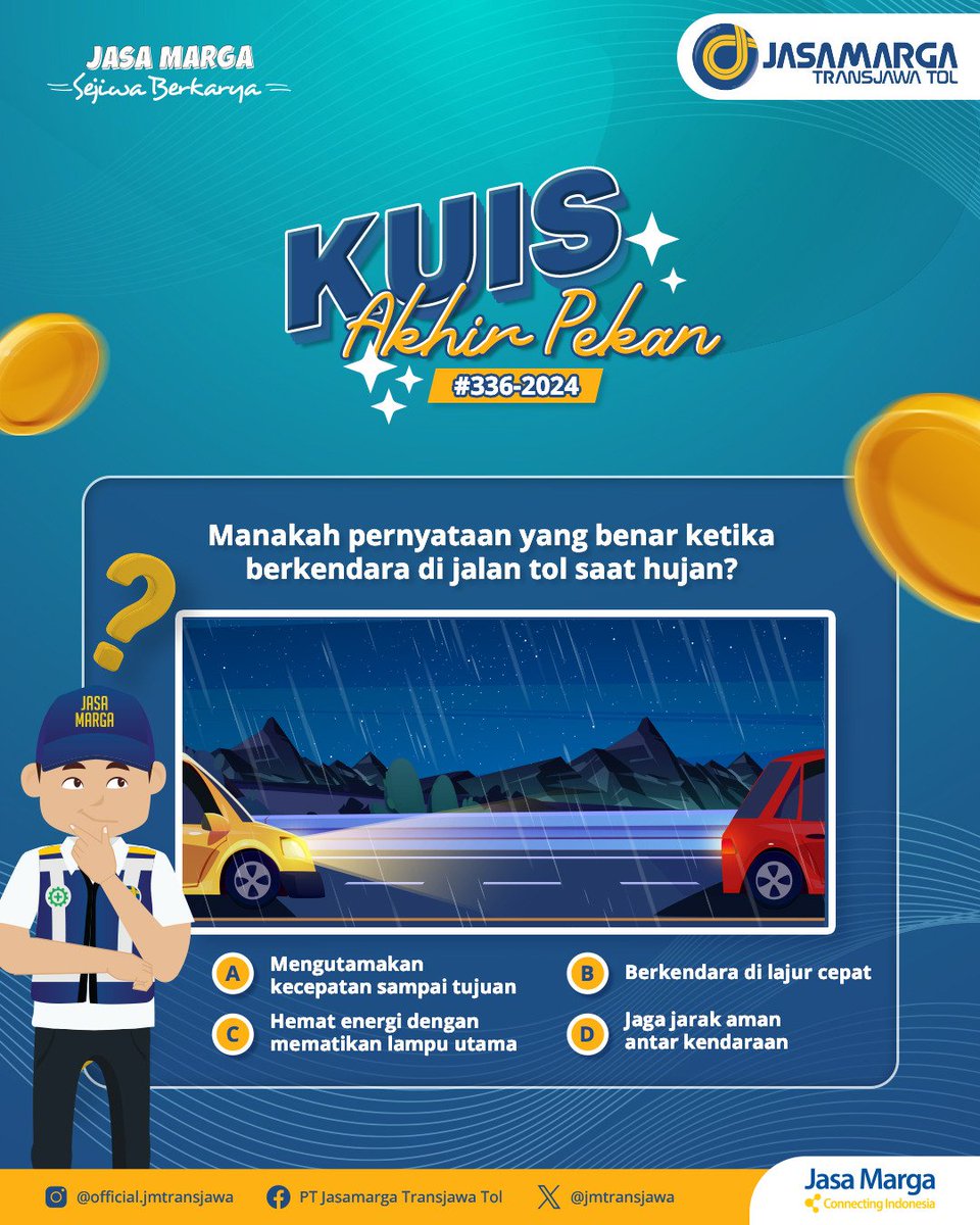 jmtransjawa's tweet photo. It’s quizz time...! Kawan JM, kuy ikutan kuis. Caranya mudah banget, Kawan JM tinggal ikuti syarat dan ketentuan kuis yang bisa kalian lihat di visual postingan ini ya.

Dari seluruh partisipan yang memenuhi persyaratan di atas, akan dipilih 2 (dua) orang pemenang yang akan diumumkan di akun resmi X PT JTT pada Kamis, 21 November 2024

Dua pemenang beruntung berhak mendapatkan saldo E-Wallet masing-masing Rp100.000,-. Bagi pemenang beruntung wajib mengirimkan foto identitas diri (KTP/SIM) dalam batas waktu 2x24 jam setelah pengumuman. Jika dalam batas tersebut tidak mengirimkan akan dinyatakan gugur.

17/11/2024

#Giveaway #Kuis #JTTInfo #JalanTol #TransjawaTol #JasaMargaTransJawaTol #JasaMarga #JasamargaConnectingIndonesia