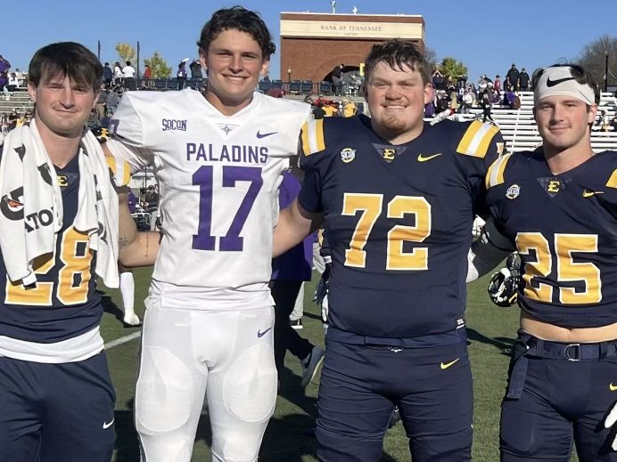 Nothing beats the <a href="/PerfectEffort14/">WataugaFootball</a> brotherhood! These former teammates found themselves on the same field after the ETSU/Furman game!

#28 <a href="/CarltonHorine/">Carlton Horine</a> 
#17 <a href="/JacksonPryor83/">Jackson Pryor</a> 
ESPN: <a href="/ThompsonTrey/">Trey Thompson</a> 
#72 <a href="/Eli_Greene_/">Eli Greene</a> 
#25 <a href="/HorineCole/">cole horine</a> 

#onceaPioneeralwaysaPioneer 
<a href="/WataugaPioneers/">Watauga Pioneer Athletics</a>