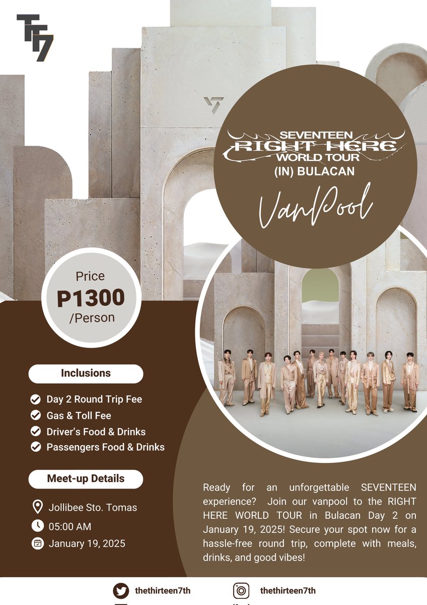 thirteen7th's tweet photo. Ready for SEVENTEEN RIGHT HERE WORLD TOUR in Bulacan Day 2?

🚐 Join our Vanpool by The Thirteen 7th for an unforgettable ride! Secure your spot now and make memories with your fellow Carats!

🔗 https://t.co/A7afBOB75e

#SEVENTEEN #CARAT #ByThirteen7th #17RHinBulacan https://t.co/W7gT7JePkr