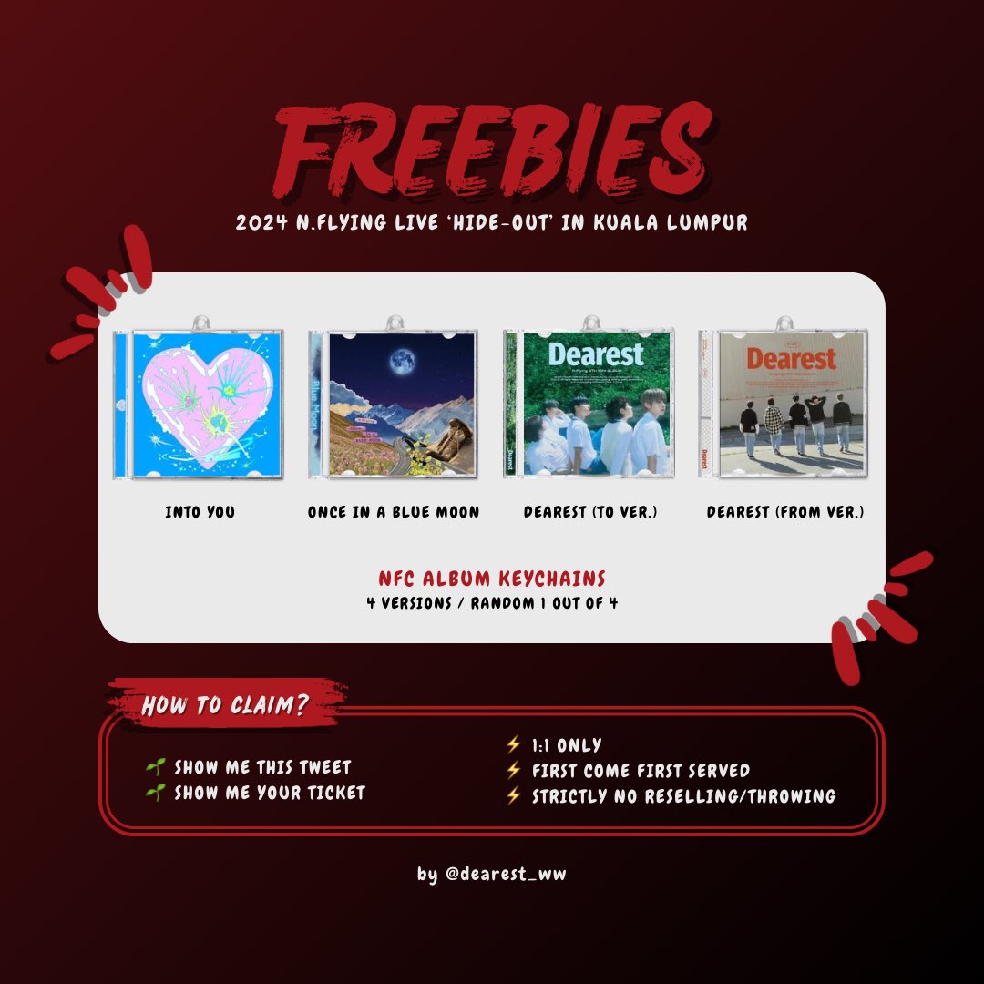dearest_ww's tweet photo. [FREEBIES] N.Flying Hide-Out - Kuala Lumpur (1/2)

🗓️ 1 Dec
⌚️📍 TBA

How to claim?
🌱 Show me this tweet + your ticket

⚡️ 1:1 only
⚡️ First come first served
⚡️ Strictly no reselling/throwing

See you soon! ❤️‍🔥

#NFLYINGinKL #NFLYINGinMY #HIDEOUTinKL #HIDE_OUT_in_KUALALUMPUR https://t.co/bIJIVdlocb