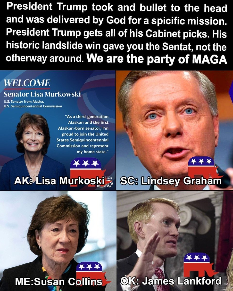 Dave Davis (@drdavesgraphics) on Twitter photo LIGHT THEM UP
Lisa Murkowski - murkowski.senate.gov/contact X: <a href="/lisamurkowski/">Sen. Lisa Murkowski</a>
James Lankford - lankford.senate.gov/contact/ Gettr/X: <a href="/SenatorLankford/">Sen. James Lankford</a>
Susan Collins - collins.senate.gov/contact X: <a href="/SenSusanCollin/">Senator Susan Collins</a>
Lindsey Graham - lgraham.senate.gov/public/index.c… X: <a href="/LindseyGrahamSC/">Lindsey Graham</a> LIGHT THEM UP
Lisa Murkowski - murkowski.senate.gov/contact X: <a href="/lisamurkowski/">Sen. Lisa Murkowski</a>
James Lankford - lankford.senate.gov/contact/ Gettr/X: <a href="/SenatorLankford/">Sen. James Lankford</a>
Susan Collins - collins.senate.gov/contact X: <a href="/SenSusanCollin/">Senator Susan Collins</a>
Lindsey Graham - lgraham.senate.gov/public/index.c… X: <a href="/LindseyGrahamSC/">Lindsey Graham</a>