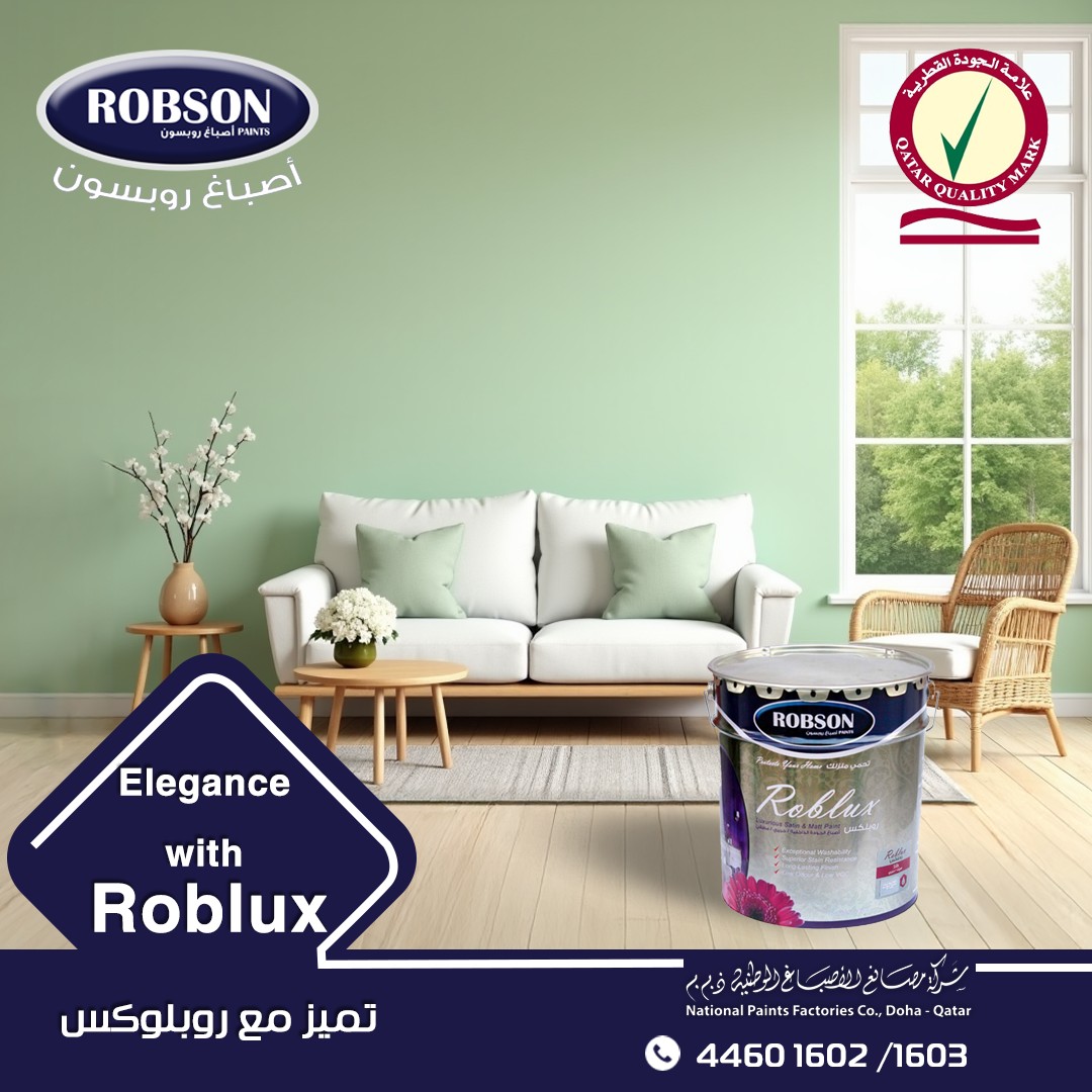 احصل على الالهام لألوان الغرف الداخلية مع روبلكس مات. جودة فائقة، قابلية الغسل وسهولة في التنظيف، المنتج الأول في قطر الحائز على علامة الجودة القطرية.
Get inspiration of your interior room`s colors of Roblux Matt. washable and easy to be clean. Obtained the Qatar Quality Mark.