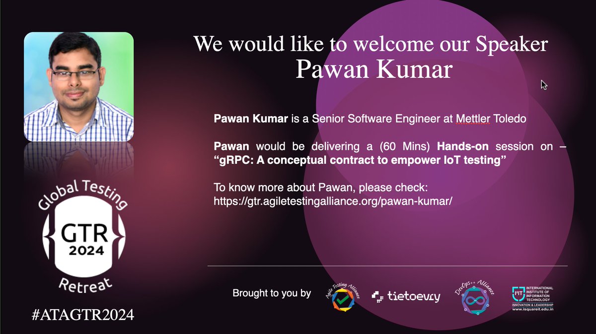 TestingRetreat's tweet photo. DAY 2 TRACK 2 LAB 2 :
"gRPC: A conceptual contract to empower loT testing"
By @pawanroc 
#ATAGTR2024 #VirtualConferenceDays
@AgileTAlliance @adigindia @rajputabhay017
@Fiserv @Tietoevry @QAMENTOR1
@ISquareIT @SelectorsHub @TheTestChat https://t.co/OK8ycFakNh