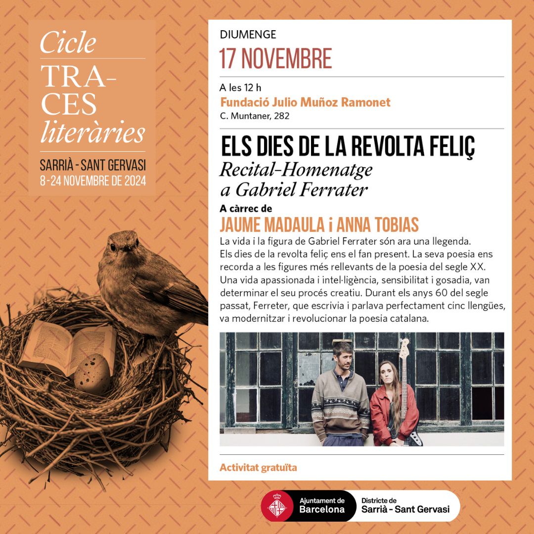 ✨ RECITAL HOMENATGE A GABRIEL FERRATER
Us esperem a la Fundació Muñoz Ramonet a les 12h amb 'Els dies de la revolta" a càrrec de Jaume Madaula i Anna Tobias.
<a href="/Bcn_SSTG/">Sarrià - Sant Gervasi</a> #TracesLiteràries #Traces_SSTG #MunozRamonet