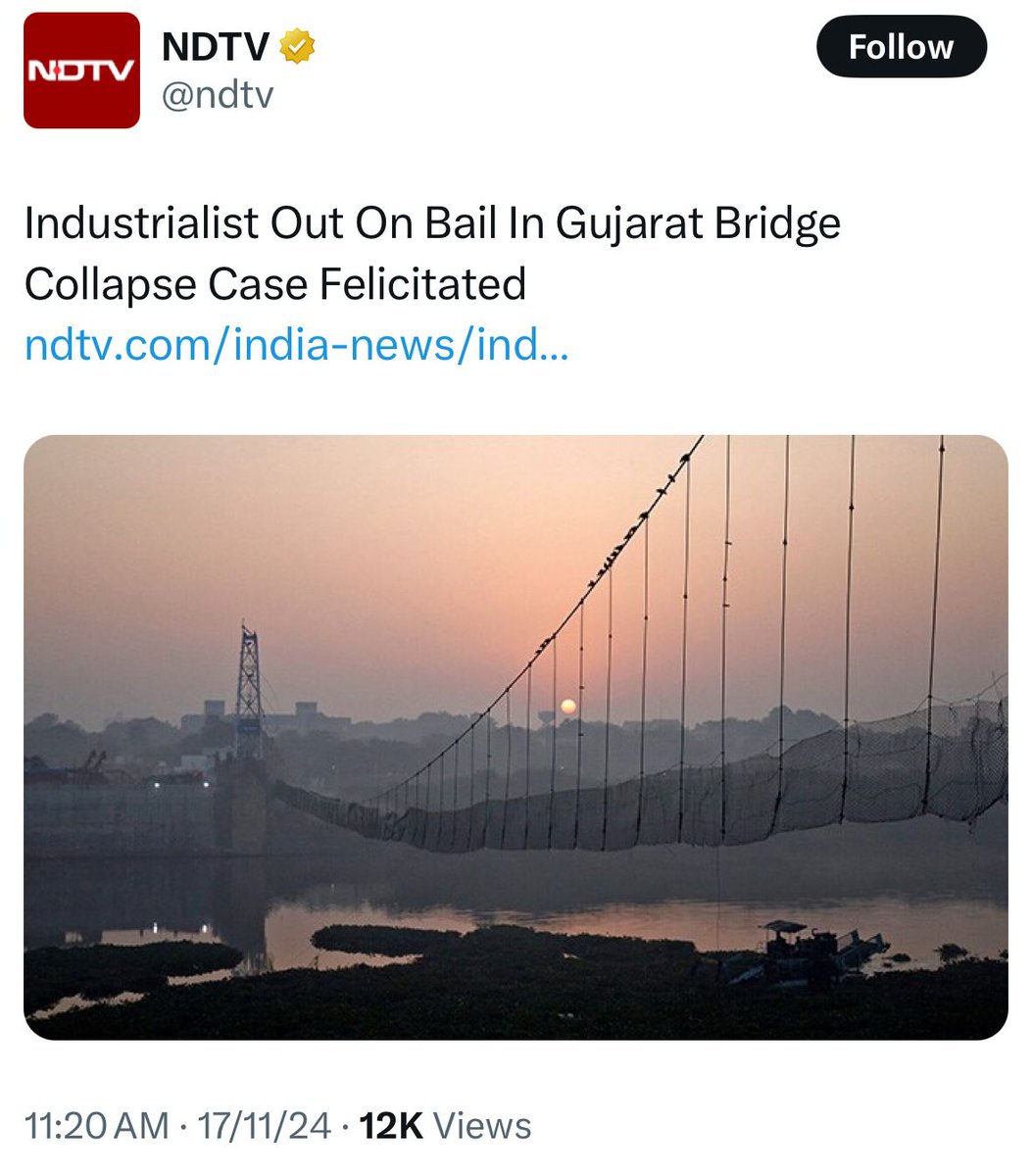 INCKerala's tweet photo. In the Morbi bridge collapse 135 were killed. The industrialist who built the bridge is out on bail and is felicitated.

Moral corruption is the worst kind of corruption. Why are we celebrating crime? https://t.co/eqfVGEapTS