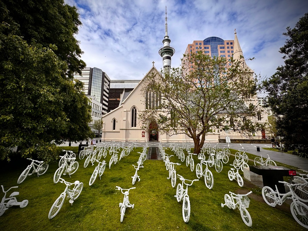 BikeAKL's tweet photo. 59 bikes. 59 lives. Thousands left grieving.

Each ghost bike represents a person on a bike killed in NZ. 

In almost all cases, lower speed limits would have reduced the harm. https://t.co/KsXS0gE6kY