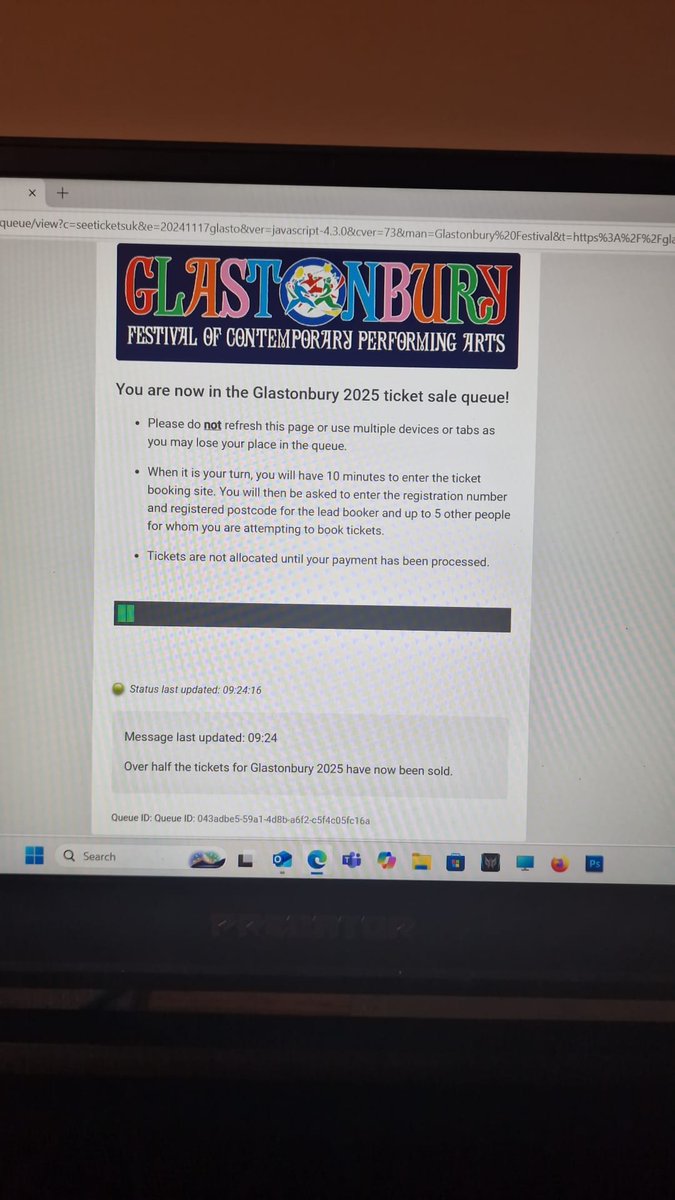 AdamJWilliams91's tweet photo. #Glastonbury this just came up. So sad i logged on at 1hr 40 before they went on sale and im the one with 2bars 🤢 sickening feeling. I want to experiance it at least once in my life https://t.co/ndr0dxy64L