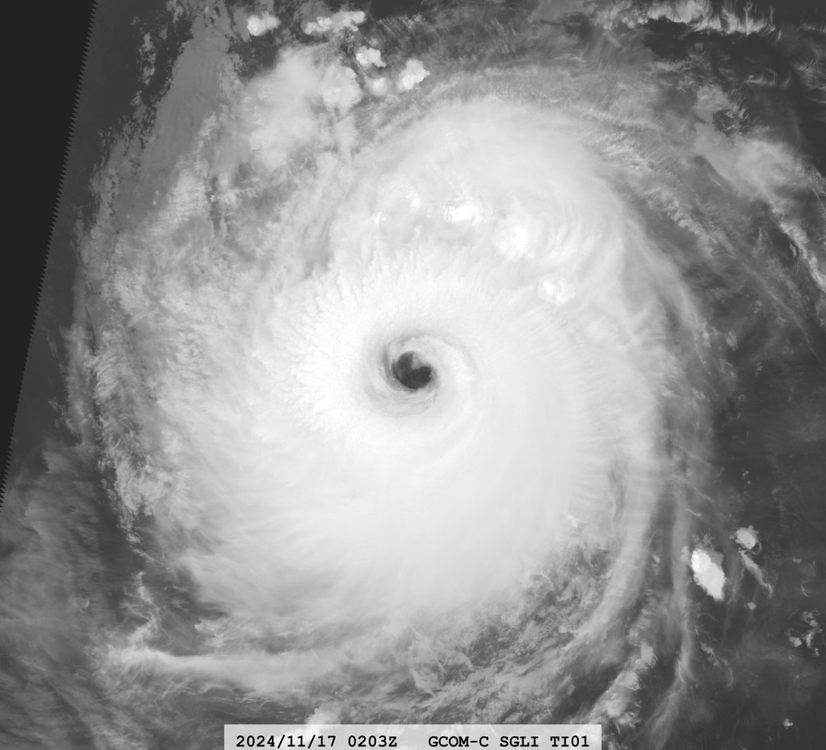 zeb199818's tweet photo. #25W Super Typhoon #MANYI
Satellite: #GCOMC #SGLI
Channel : VNR9 (0.763 µm) / T1 (10.8 µm) 250/500 m
Time : 2024/11/17 0203Z
Eye Temp : 18.57 °C
Data Source : JAXA G-Portal NRT L1B https://t.co/ODLD9RFCdi