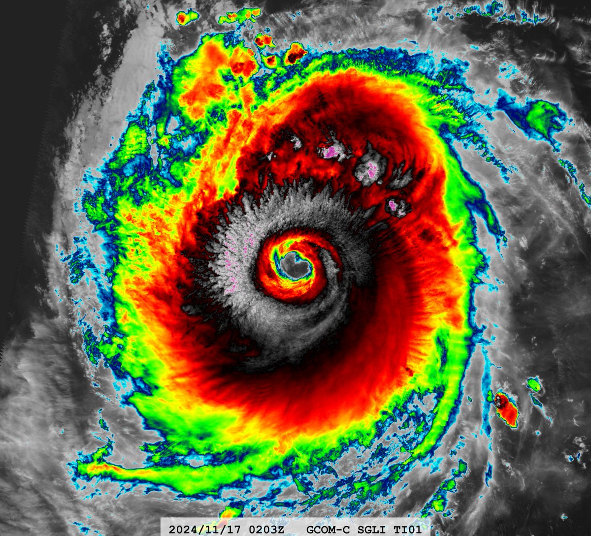 zeb199818's tweet photo. #25W Super Typhoon #MANYI
Satellite: #GCOMC #SGLI
Channel : VNR9 (0.763 µm) / T1 (10.8 µm) 250/500 m
Time : 2024/11/17 0203Z
Eye Temp : 18.57 °C
Data Source : JAXA G-Portal NRT L1B https://t.co/ODLD9RFCdi