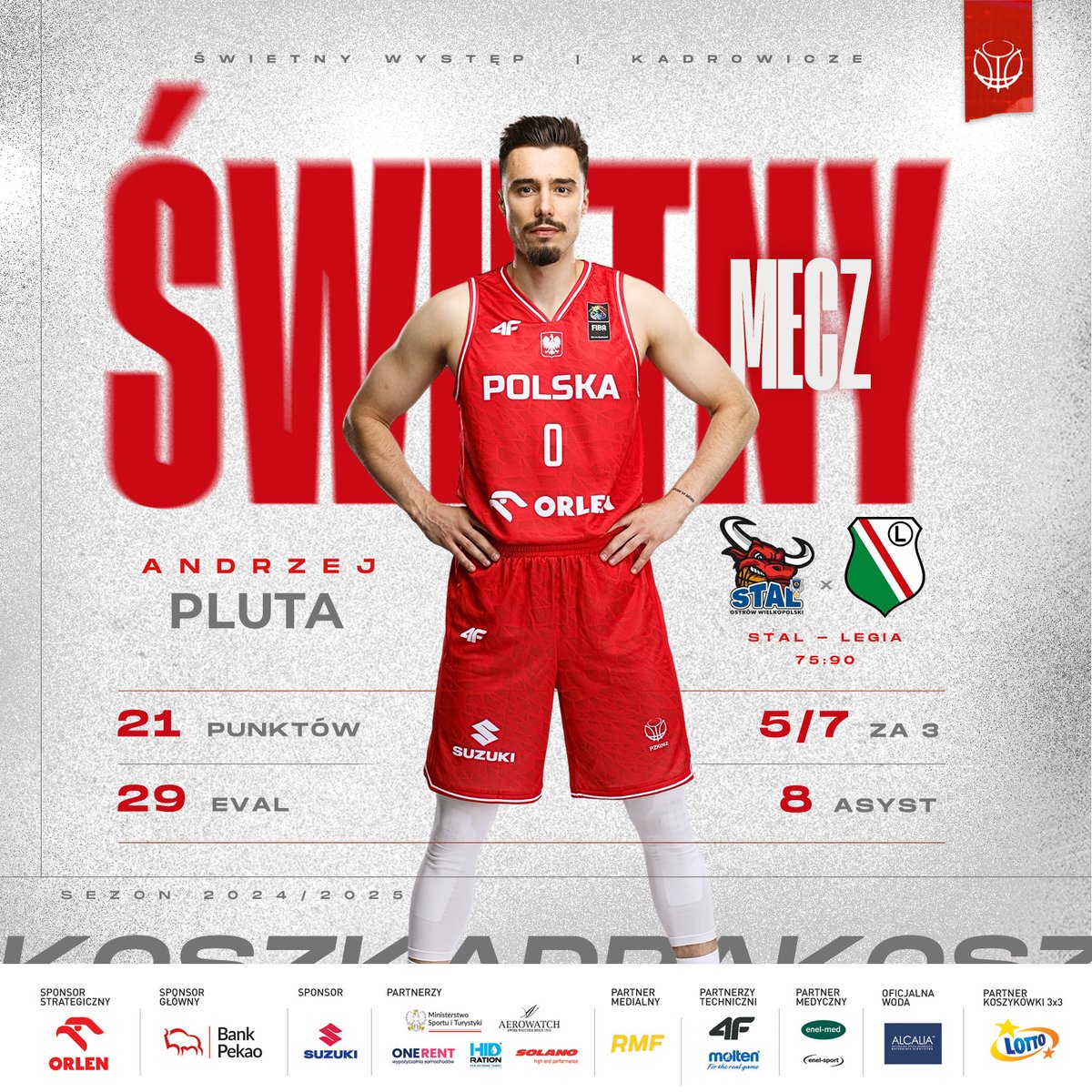 Taki występ zasługuje na osobą notkę 💥

✅ 21 punktów
✅ 5/7 za 3
✅ 2/3 za 2
✅ 2/2 za 1
✅ 8 asyst
✅ 2 zbiórki
✅ 1 przechwyt
✅ 29 eval

Gratulacje <a href="/jr_pluta/">Andrzej Pluta Jr</a> 👏🇵🇱

<a href="/GrupaORLEN/">ORLEN</a> <a href="/BankPekaoSA/">Bank Pekao S.A.</a> <a href="/PolskaSuzuki/">Suzuki Polska</a>