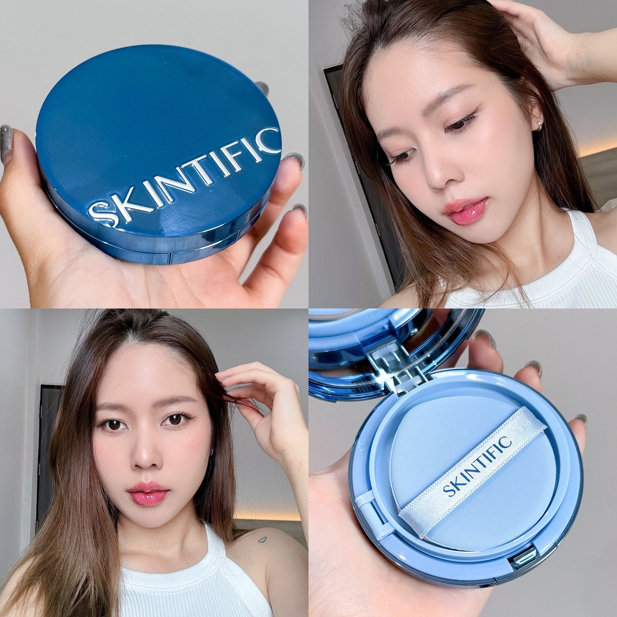 Skintific สีฟ้า นี่ชมพกจ.ก่อนเลย เป็นฟ้าที่ถูกต้องนะ เห็นแล้วน่าใช้อ่ะ นางเป็น cushion soft matte ปกปิดถือว่าดีเลย เนื้อไม่เบาไม่หนักไป จริงๆตอนนี้จ๋าแพ้น้ำอยู่ มีผดด้วย แต่นางก็เอาอยู่นะ ระหว่างวันมีแครกนิดหน่อยช่วงจมูกกับหน้าแก้ม เพราะผิวแห้งมาก คิดว่าถ้าผิวดีขึ้น แล้วใช้ตัวนี้อีกรอบ น่าจะเริ่ดกว่านี้เยอะเลย