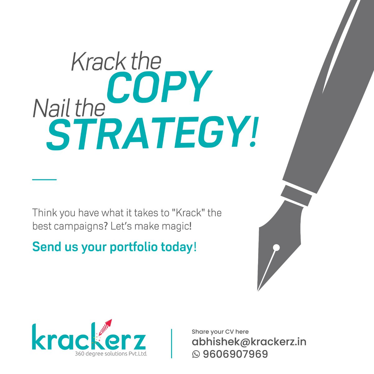 KrackerzIN's tweet photo. 🚀 Ready to turn your words into magic? At Krackerz, we're looking for a creative Copywriter to join our team! If you can crack the wittiest lines and craft winning strategies, this is your time to shine💡
💼 Experience: 0 to 3 years.
🔗Apply now and let's create ideas that wow! https://t.co/O7TuBmmS2w