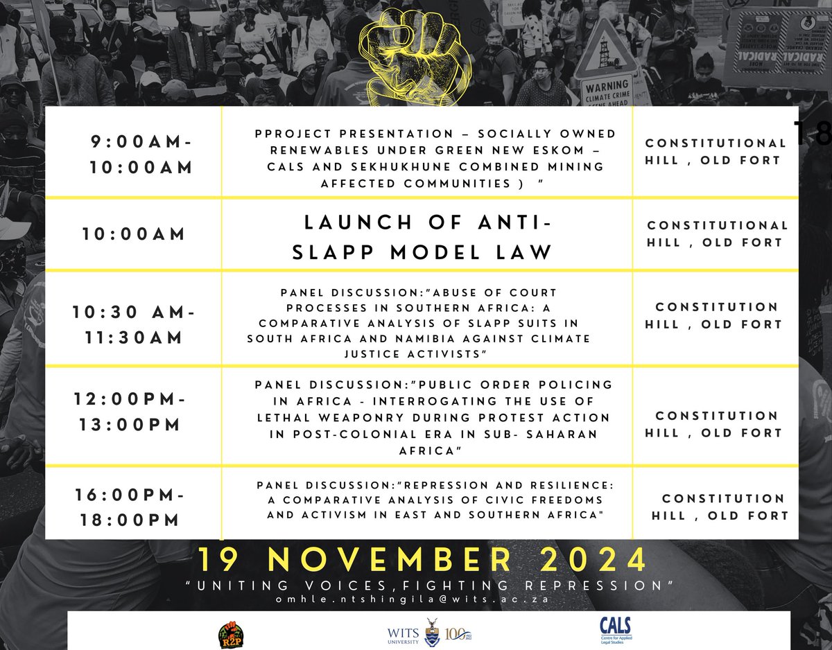 ProtestZa's tweet image. 📢 Updated Schedule for #AntiRepressionWeek!

We kick off tomorrow with: 💼 A Legal Clinic to support communities facing legal repression. 💻 A Content Moderation Panel on digital rights and dissent.

Join us this week and register : forms.gle/eayrUTJLi1AxHA…  #Right2Protest