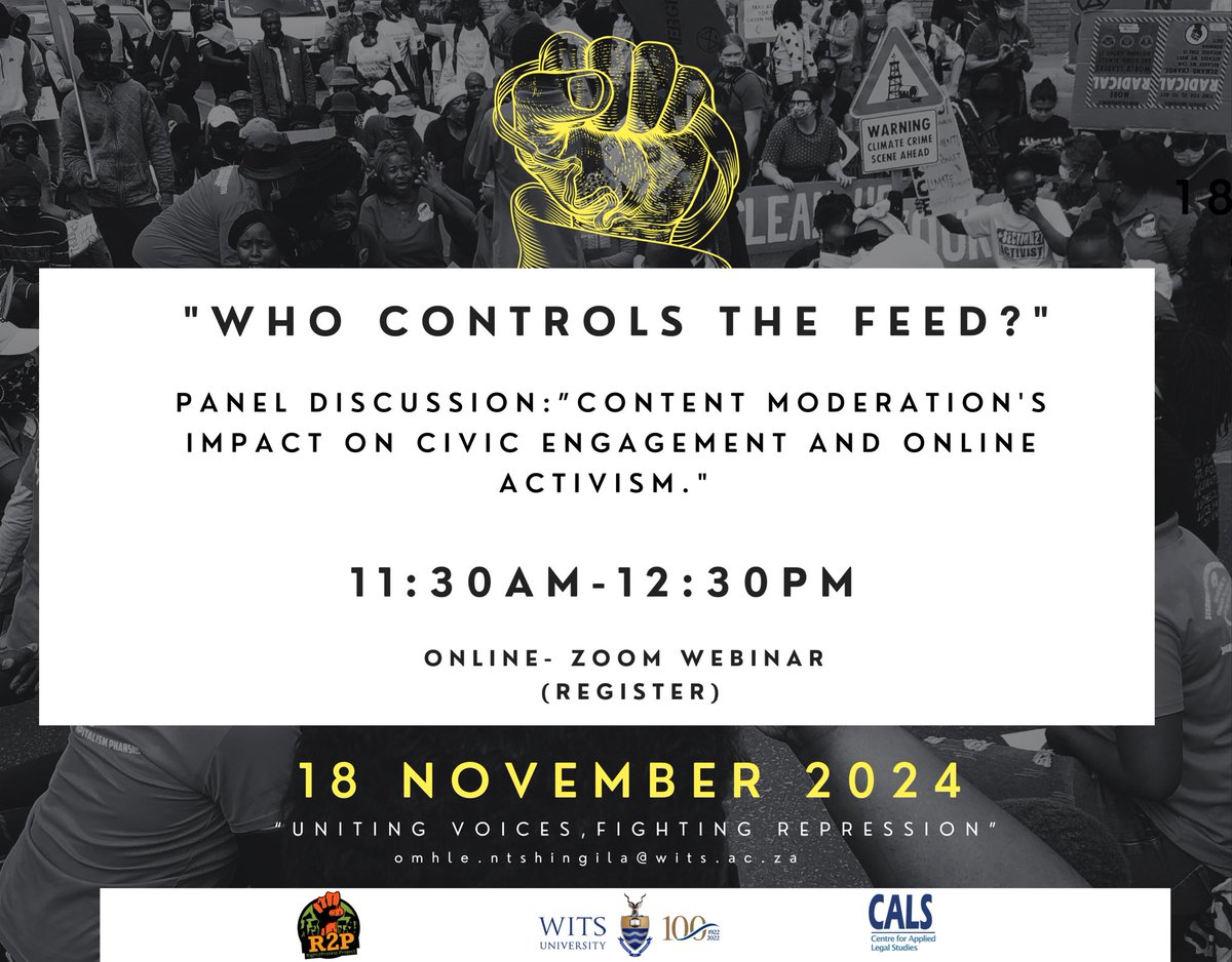 ProtestZa's tweet image. 📢 Updated Schedule for #AntiRepressionWeek!

We kick off tomorrow with: 💼 A Legal Clinic to support communities facing legal repression. 💻 A Content Moderation Panel on digital rights and dissent.

Join us this week and register : forms.gle/eayrUTJLi1AxHA…  #Right2Protest