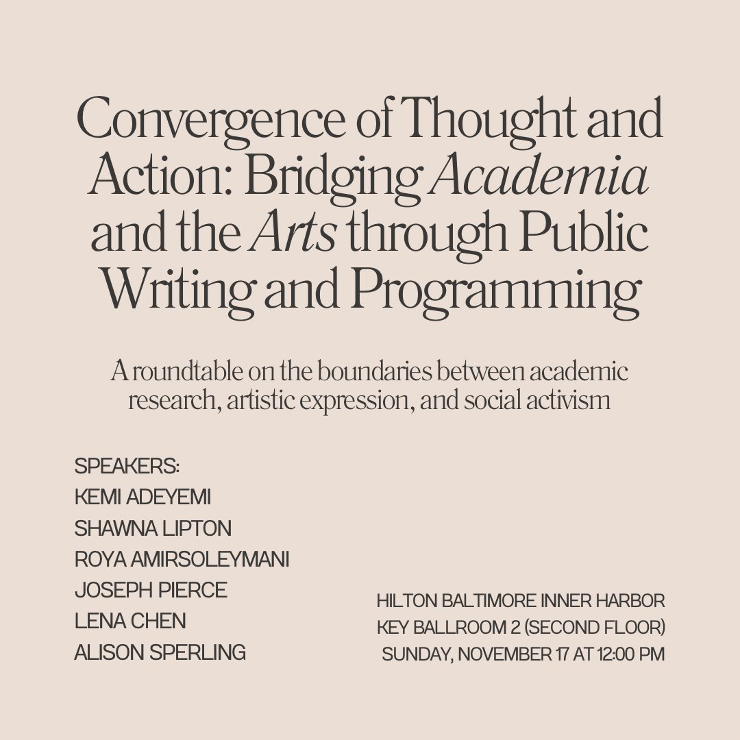 Lena Chen (@lenachen) on Twitter photo Speaking on this roundtable at <a href="/AmerStudiesAssn/">American Studies Association</a> #ASA2024 on artistic programming in the academy aka how to support artists I love with institutional funds while avoiding tokenization (and often failing) Speaking on this roundtable at <a href="/AmerStudiesAssn/">American Studies Association</a> #ASA2024 on artistic programming in the academy aka how to support artists I love with institutional funds while avoiding tokenization (and often failing)