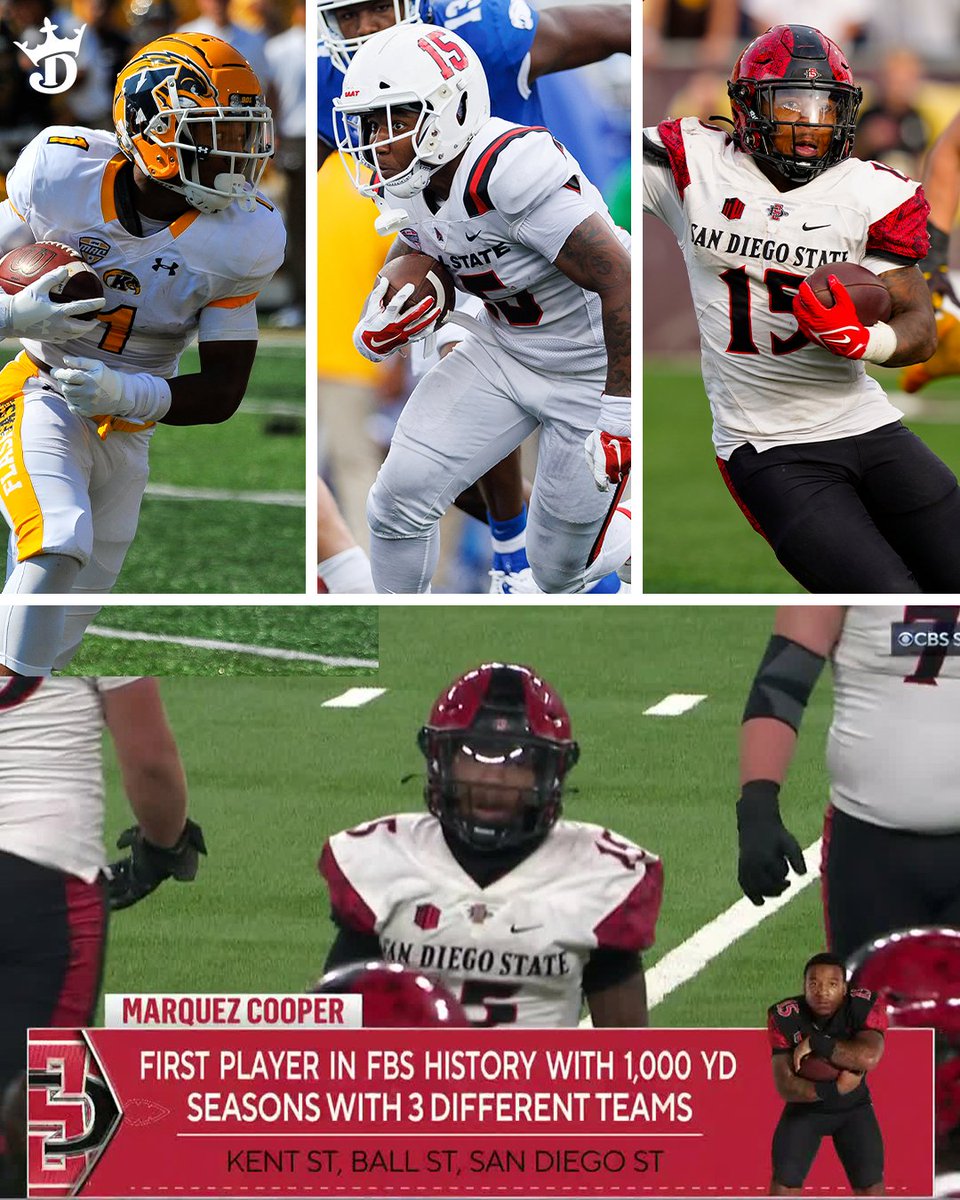 DKSportsbook's tweet image. San Diego State's Marquez Cooper becomes the first player in FBS history to have an 1,000-yard season with 3 different teams 🤯