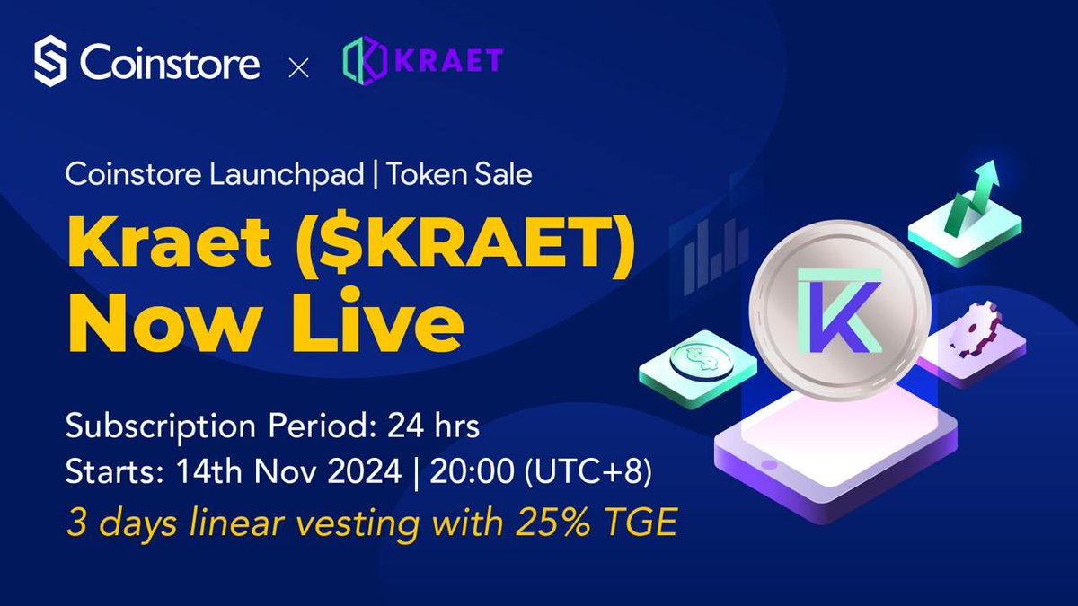 MercyMacdee's tweet photo. 🚀 New Kraet ($KRAET) Token Sale on Coinstore with Whitelist Model is Now Live!
👉🏻 Subscription Timeframe: 20:00, Nov 14th - 20:00, Nov 15th (UTC+8)
✅ Maximum Investment: 3,050 USDT
✅ 25% release at TGE, followed by 3-day Linear Vesting.
🔥  Don’t miss out, secure your spot now https://t.co/PutmMELwSb