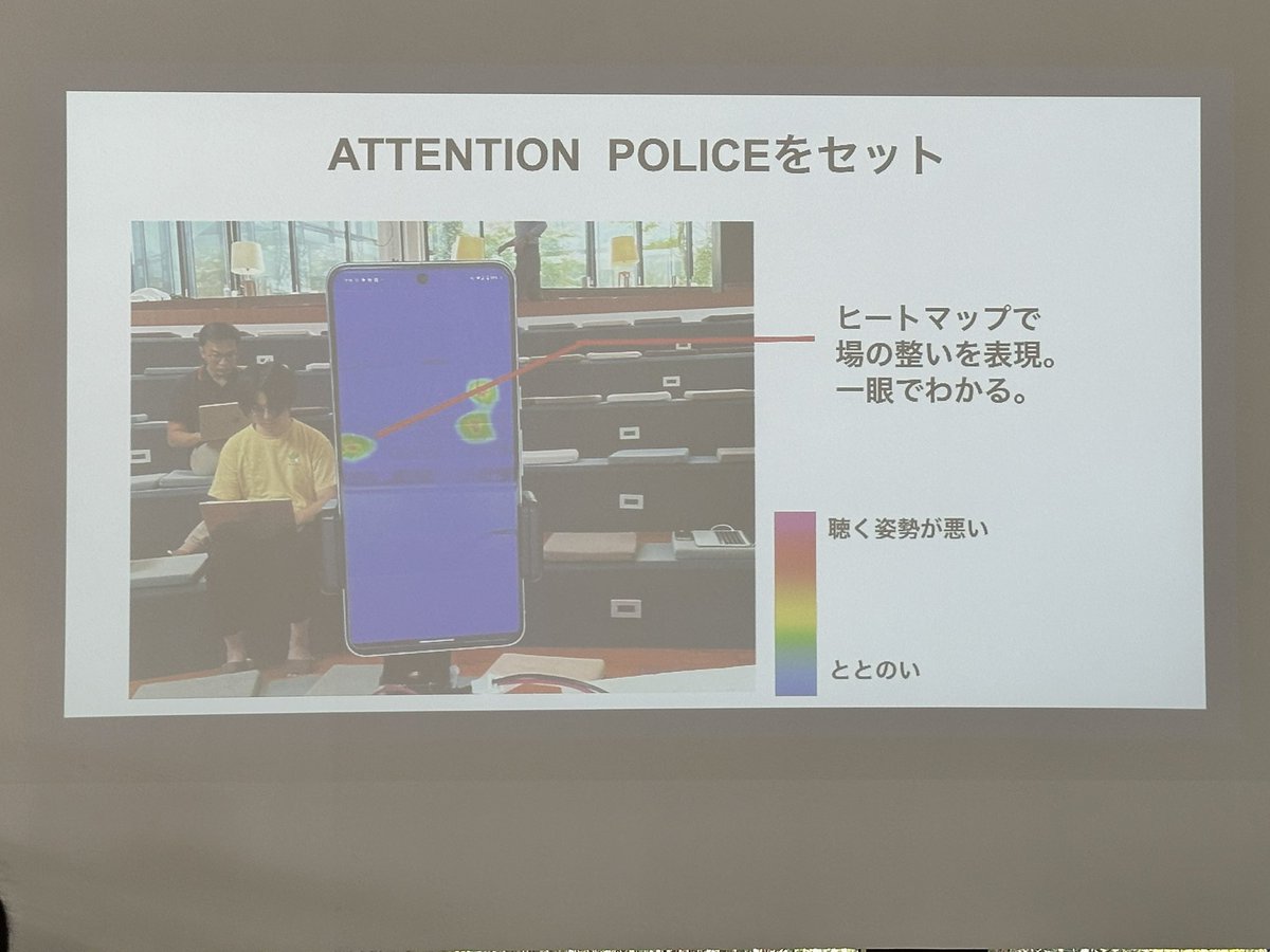 koooootake's tweet photo. スマホアプリ開発ハッカソン #SPAJAM 本選

#6
プレゼンの場を取り締まってもらう
『ATTENTION  POLICE』

発表中集中していない人を検知してヒートマップで表示！スマホが回転してパトランプのように取り締まり！PC作業中の人や顔が下を向いている人を検知！

PC開いて実況作業しているので捕まる🤣w https://t.co/Lb4sj6mbw2