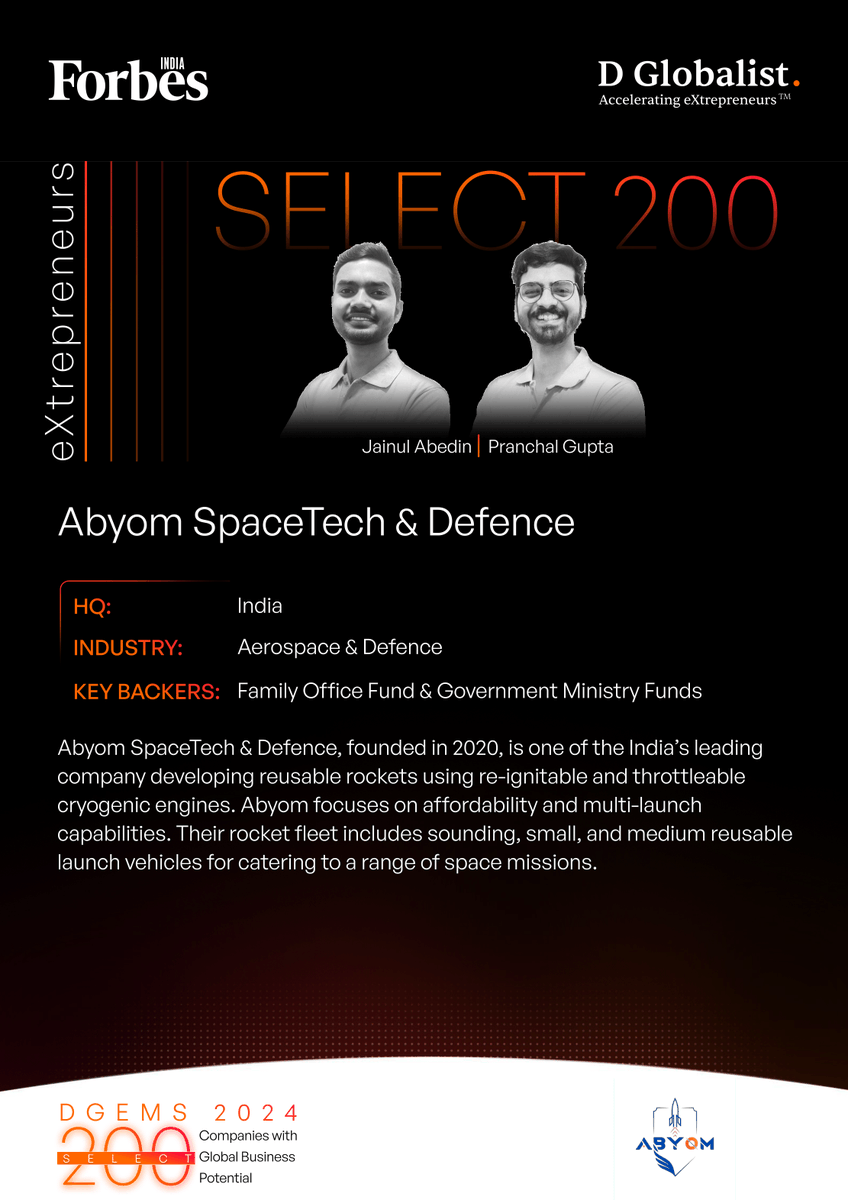 JainulAbedin37's tweet photo. From a humble beginning, Glad to be recognized among @ForbesIndia D Globalist Select 200 Companies with Global Business Potential!
Someday What once seemed like a dream and pure imagination one day it becomes reality.
#Abyom #SpaceTech #DGEMS2024 #Select200 #eXtrepreneur #Space https://t.co/d39RPvCaJt